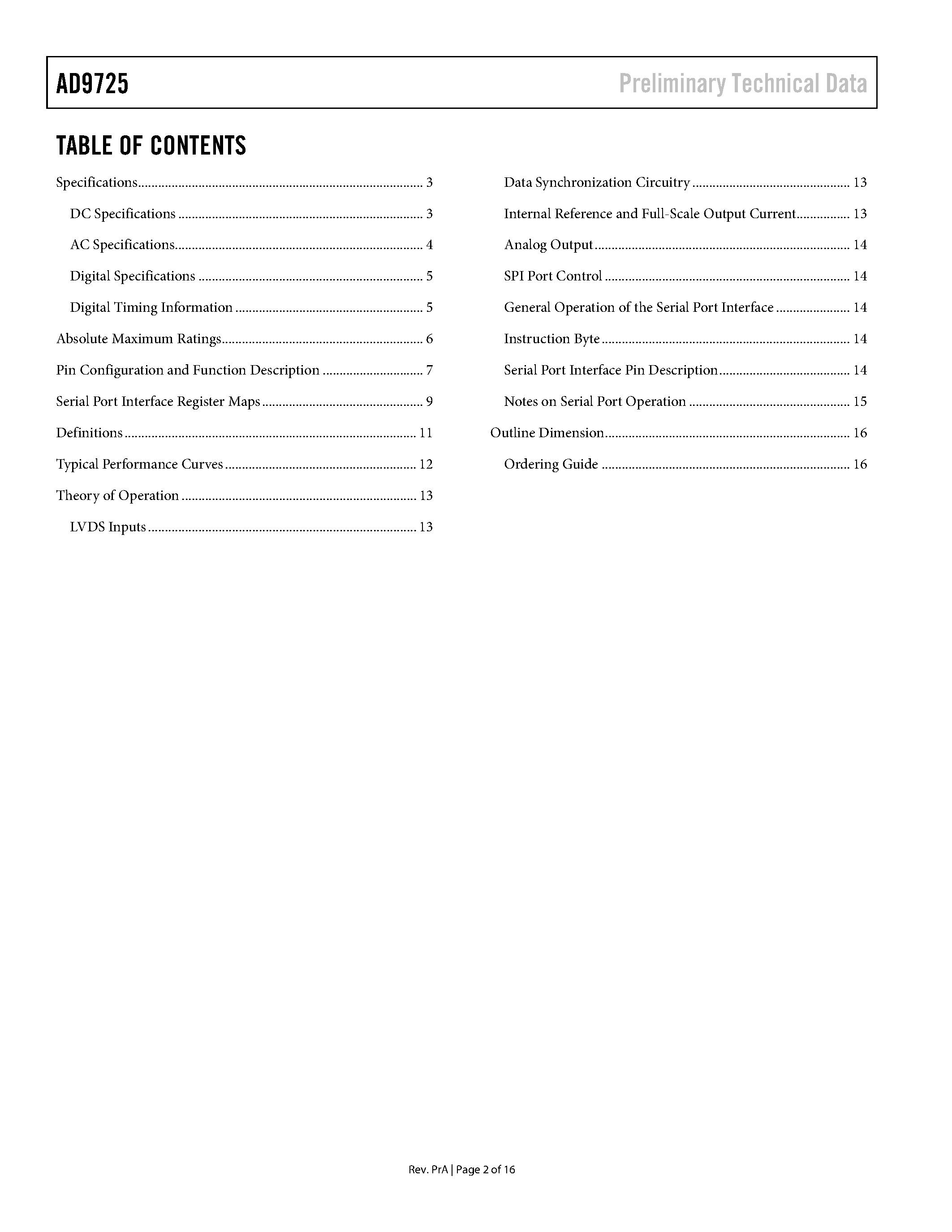 Datasheet AD9725BSV - 14-Bit/ 600+ MSPS D/A Converter page 2