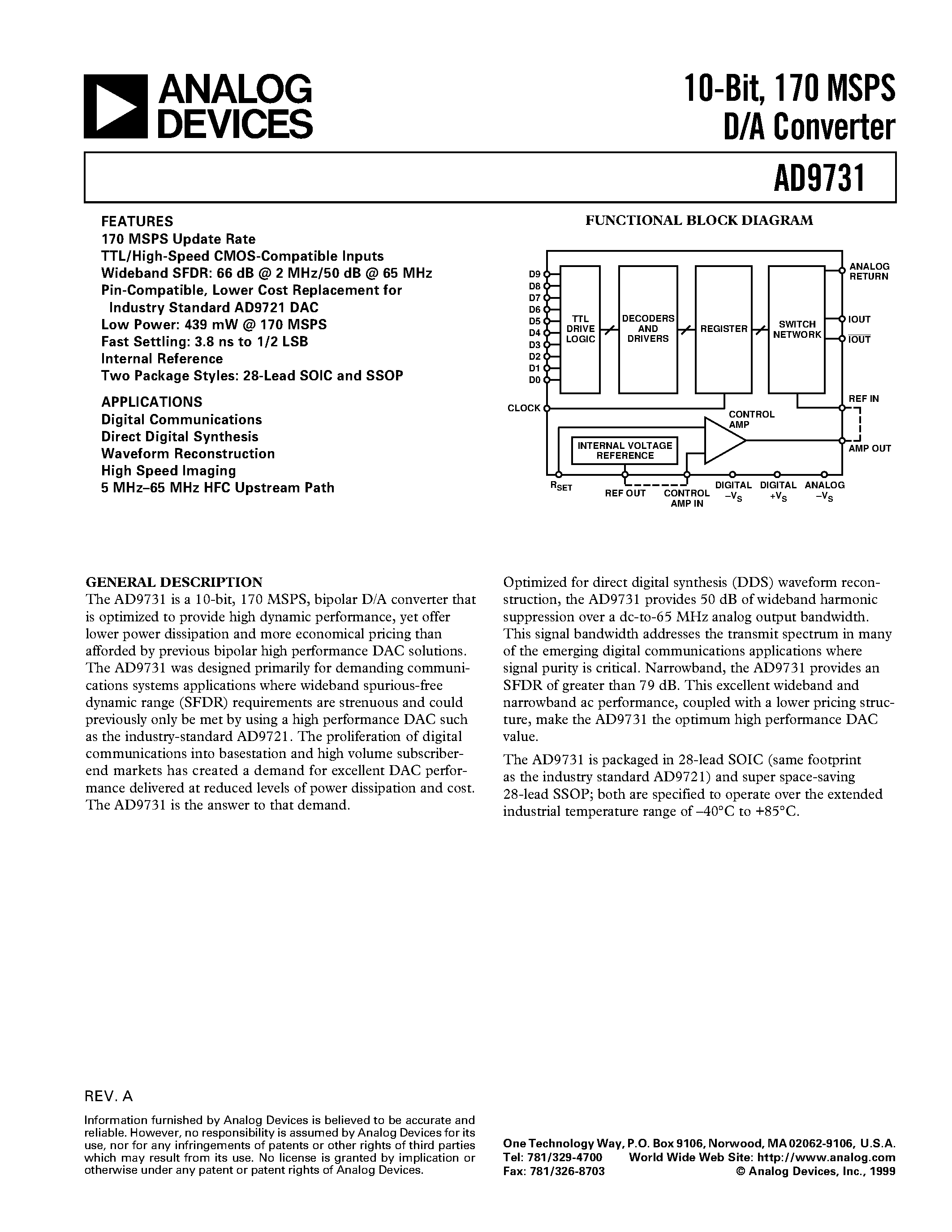 Datasheet AD9731BRS page 1 Datasheet AD9731BRS - 10-Bit/ 170 MSPS D/A Converter page 1
