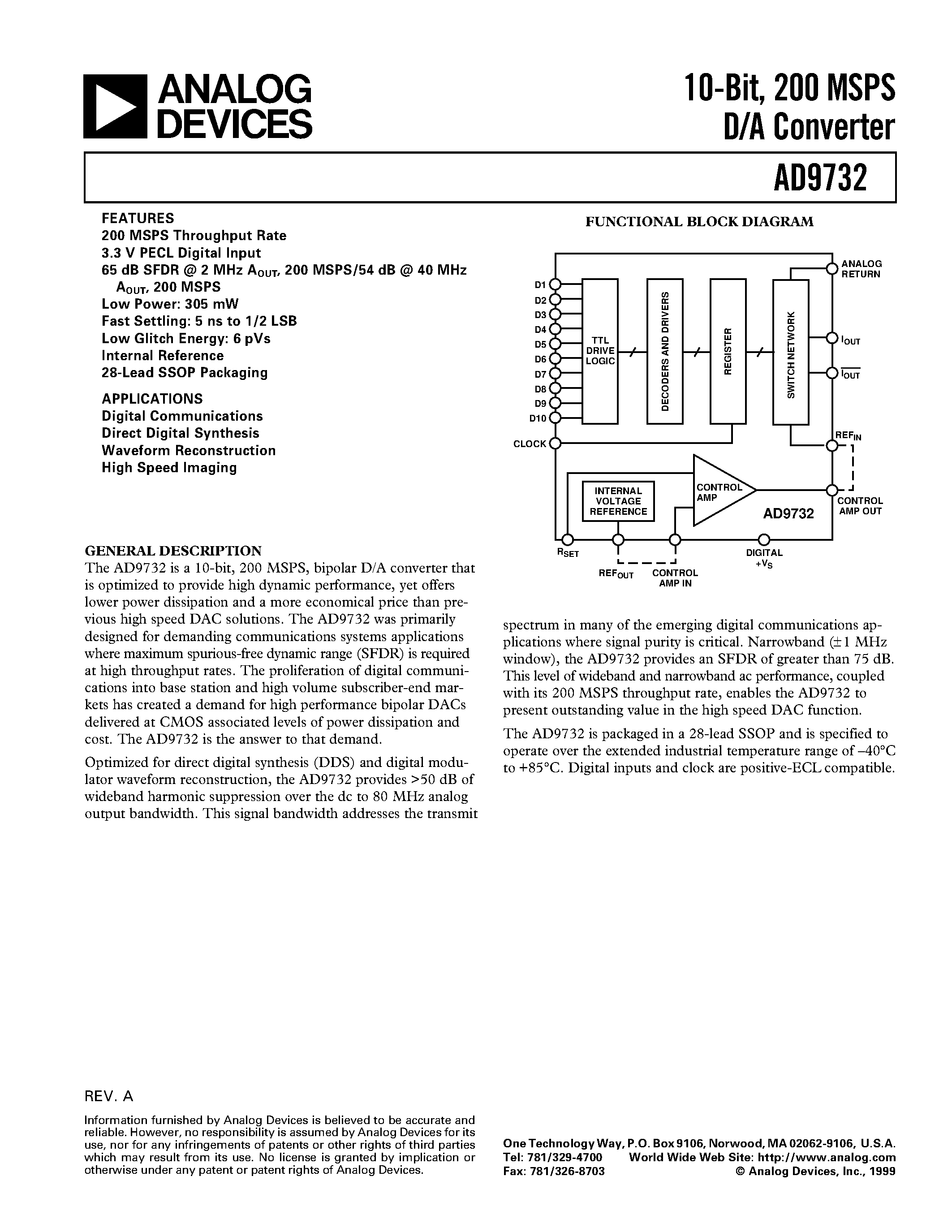 Datasheet AD9732BRS page 1 Datasheet AD9732BRS - 10-Bit/ 200 MSPS D/A Converter page 1