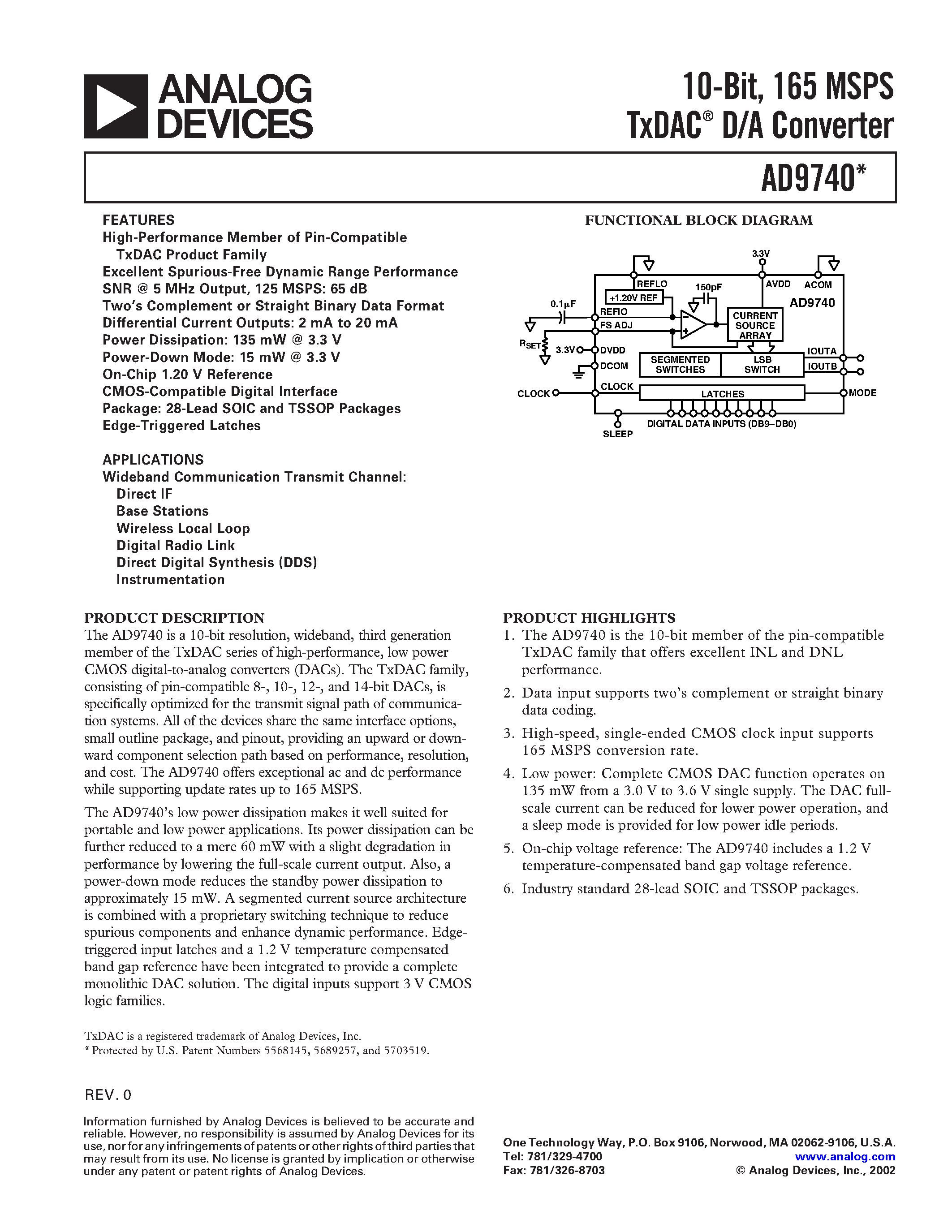 Datasheet AD9740 - 10-Bit/ 165 MSPS TxDAC D/A Converter page 1