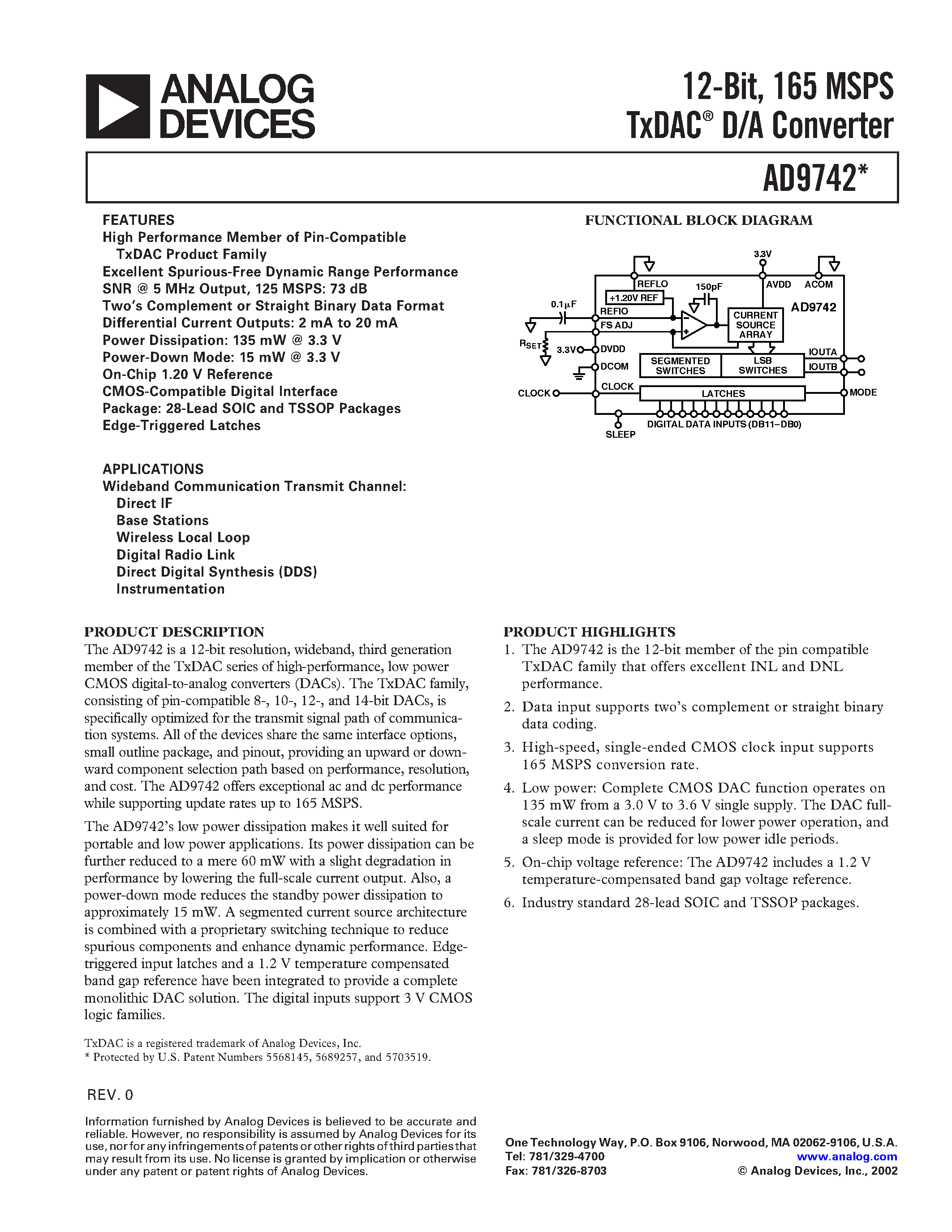 Datasheet AD9742ARU - 12-Bit/ 165 MSPS TxDAC D/A Converter page 1