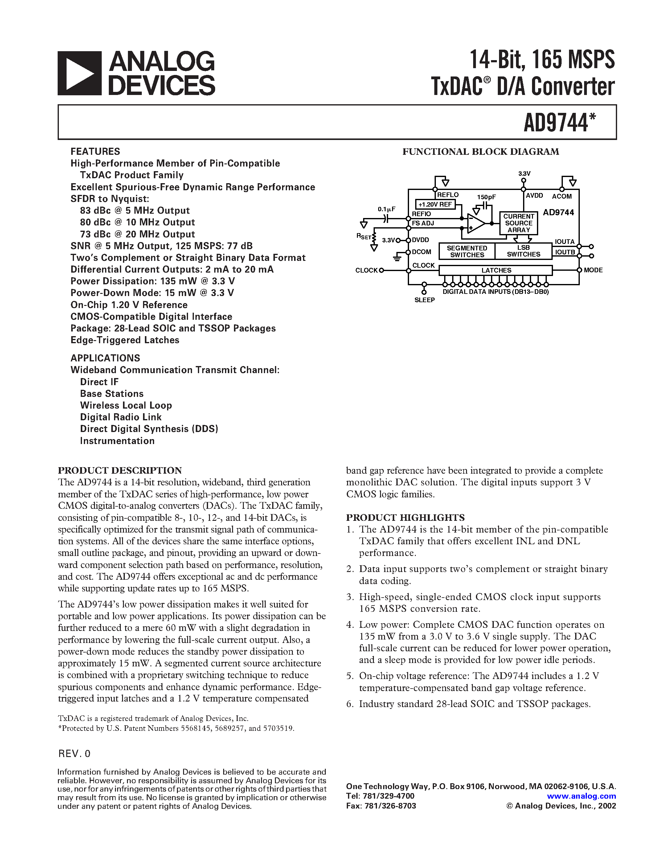 Datasheet AD9744 page 1 Datasheet AD9744 - 14-Bit/ 165 MSPS TxDAC D/A Converter page 1