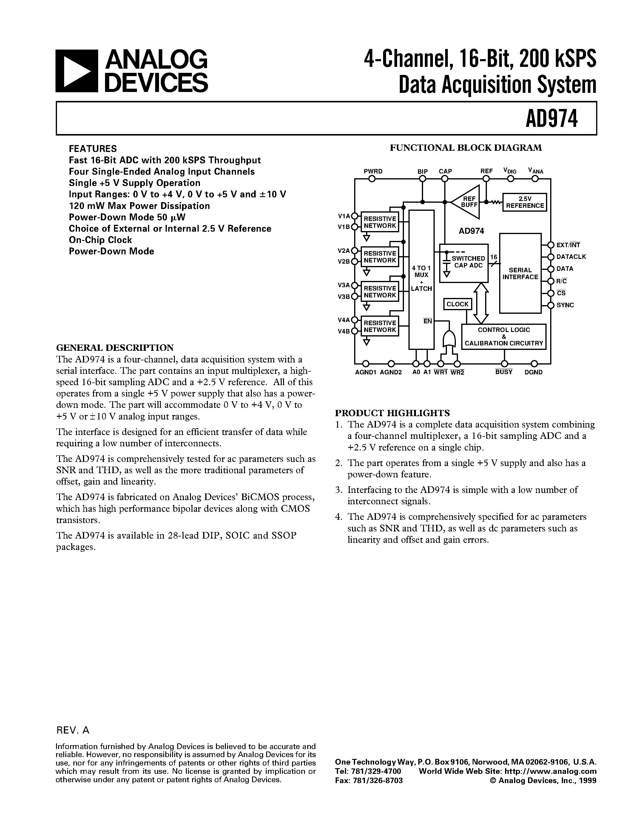 Datasheet AD974BN - 4-Channel/ 16-Bit/ 200 kSPS Data Acquisition System page 1