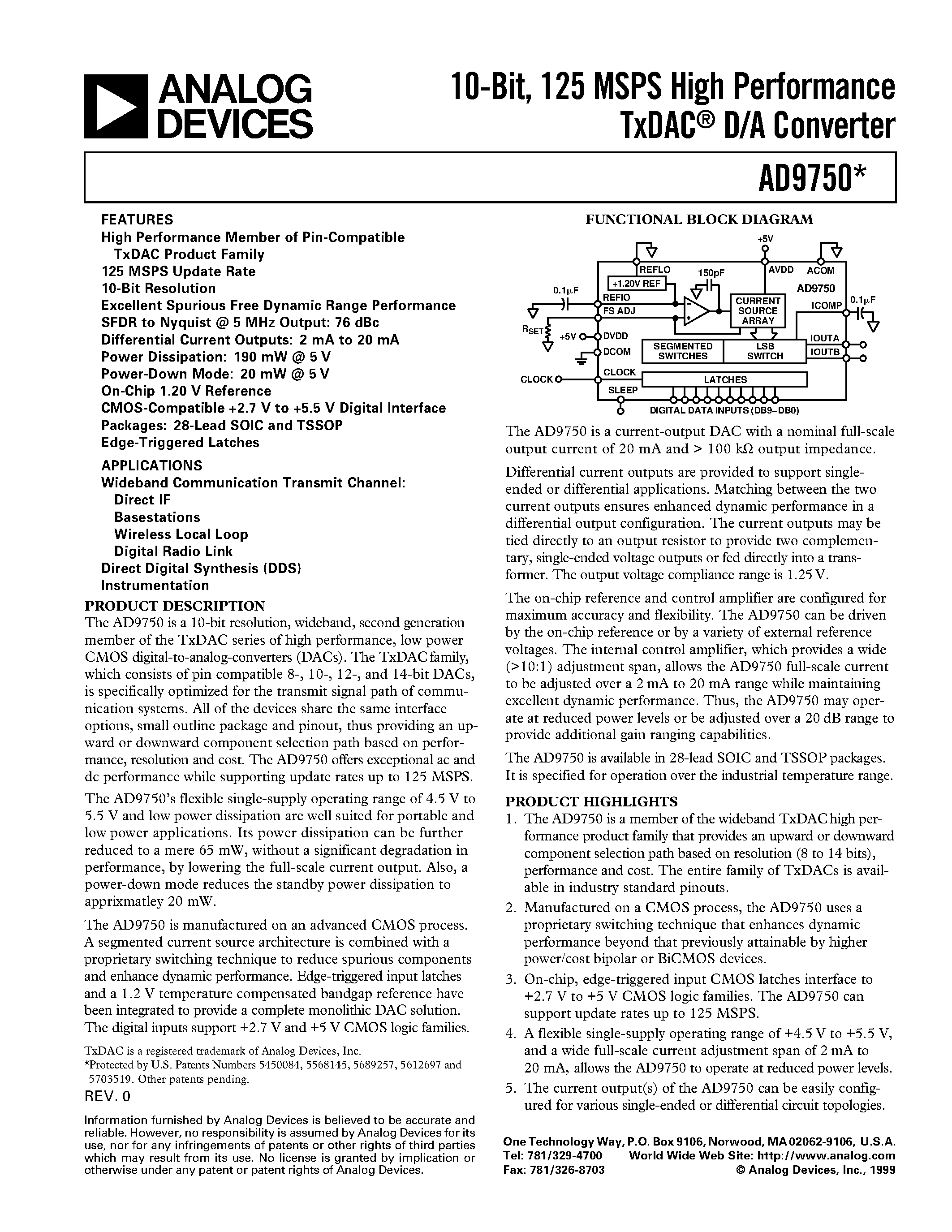 Datasheet AD9750-EB - 10-Bit/ 125 MSPS High Performance TxDAC D/A Converter page 1