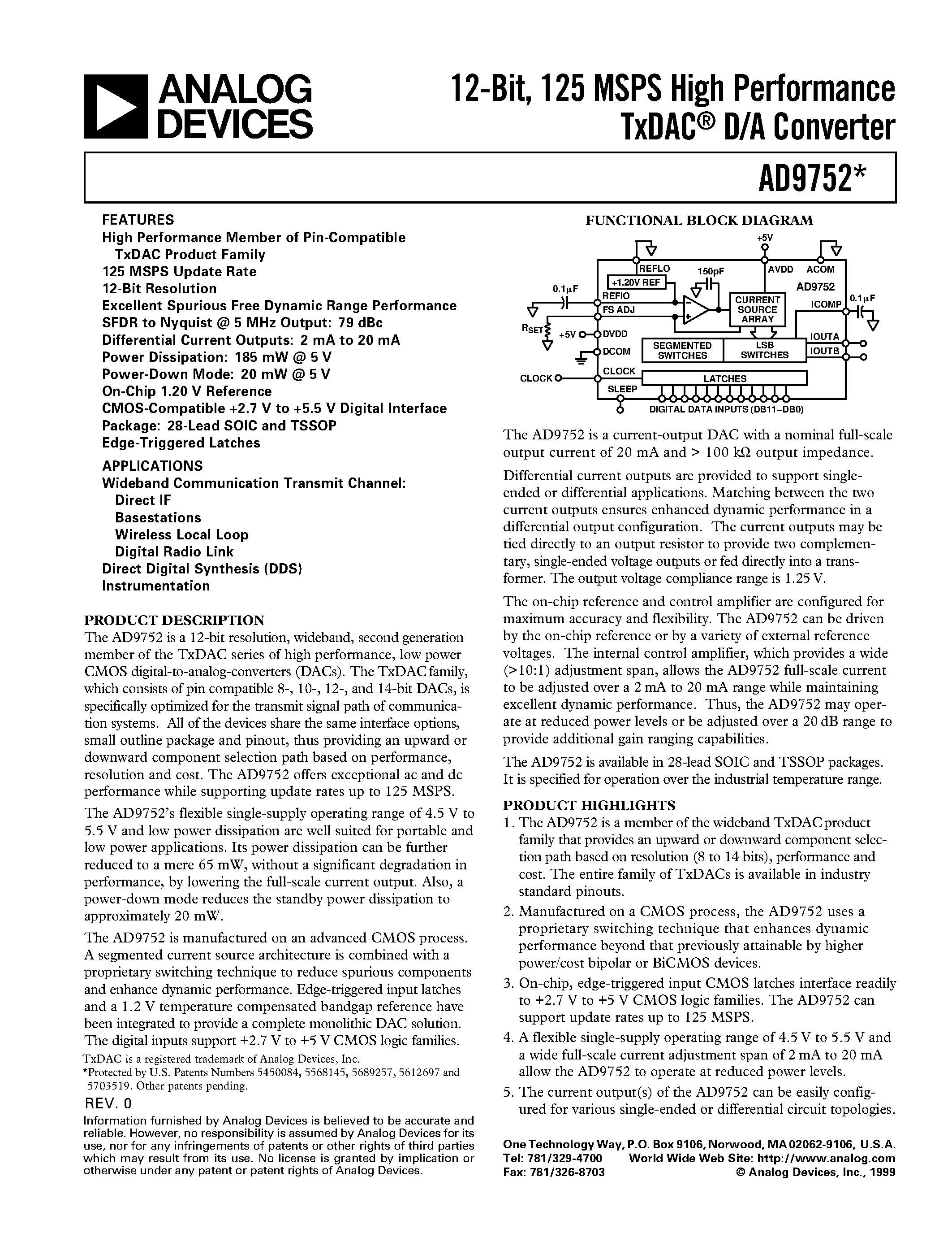 Datasheet AD9752-EB page 1 Datasheet AD9752-EB - 12-Bit/ 125 MSPS High Performance TxDAC D/A Converter page 1