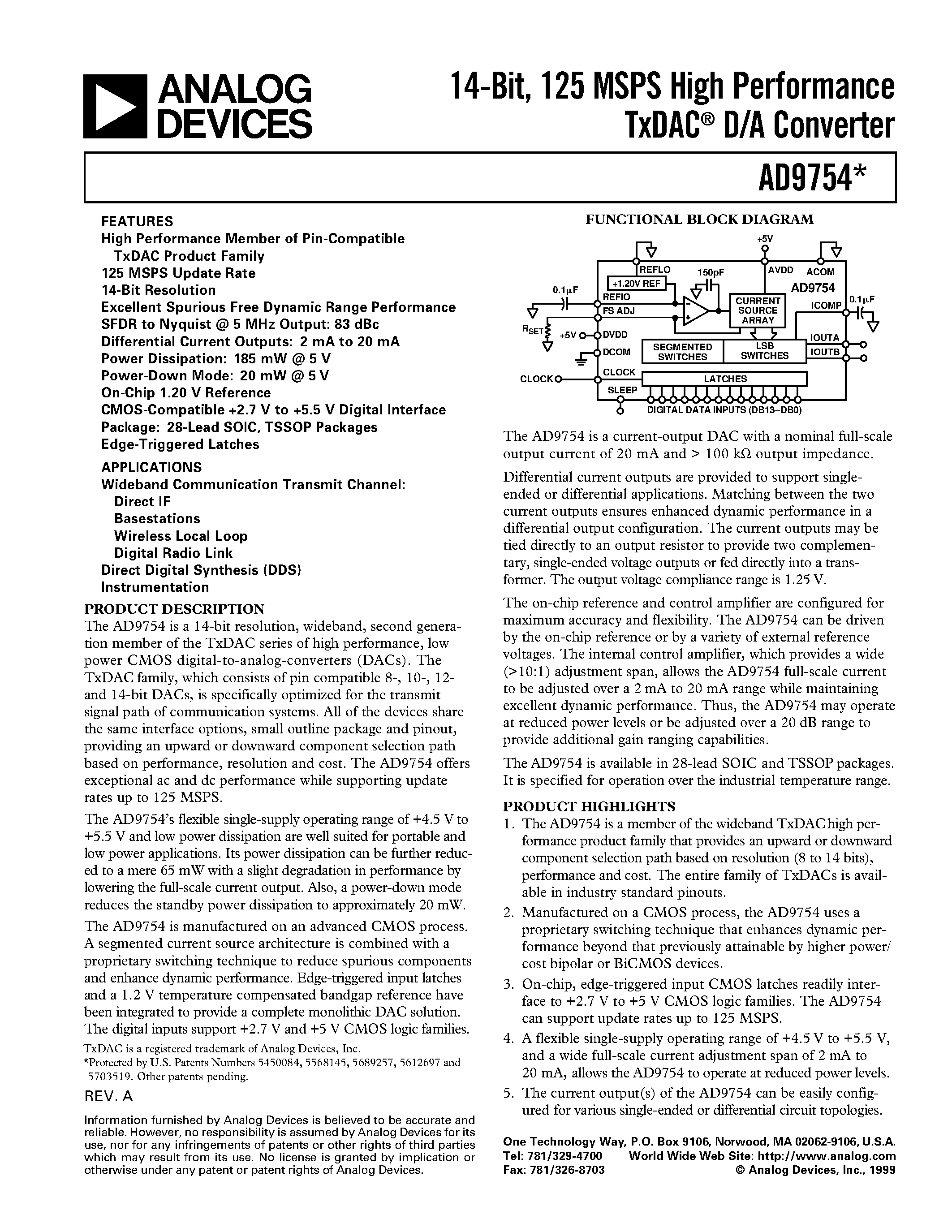 Datasheet AD9754 page 1 Datasheet AD9754 - 14-Bit/ 125 MSPS High Performance TxDAC D/A Converter page 1