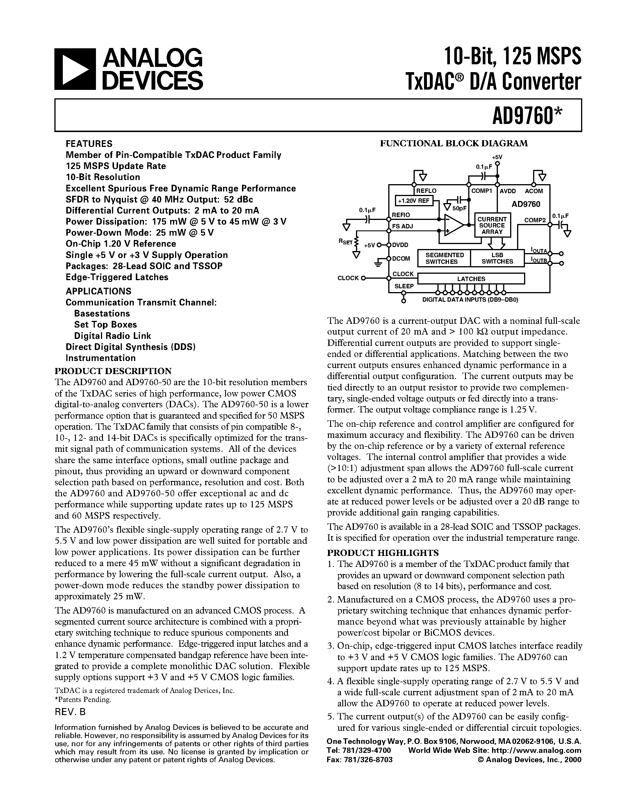 Datasheet AD9760AR - 10-Bit/ 125 MSPS TxDAC D/A Converter page 1