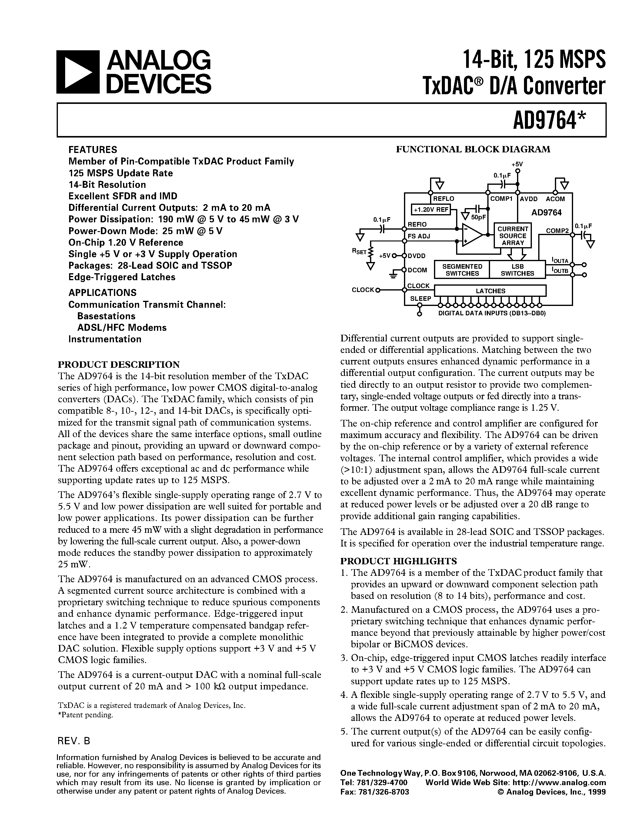 Datasheet AD9764-EB page 1 Datasheet AD9764-EB - 14-Bit/ 125 MSPS TxDAC D/A Converter page 1