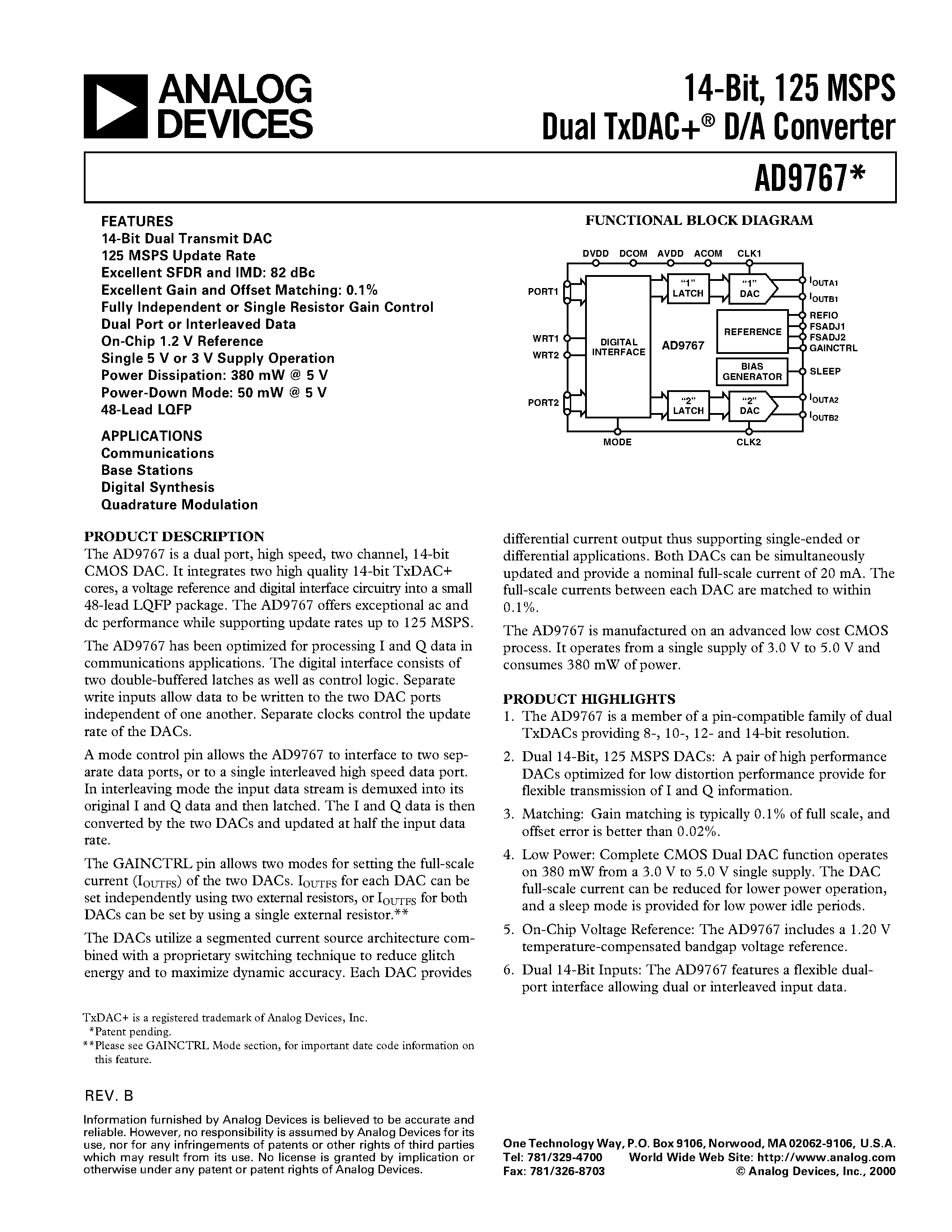 Datasheet AD9767-EB page 1 Datasheet AD9767-EB - 14-Bit/ 125 MSPS Dual TxDAC+ D/A Converter page 1