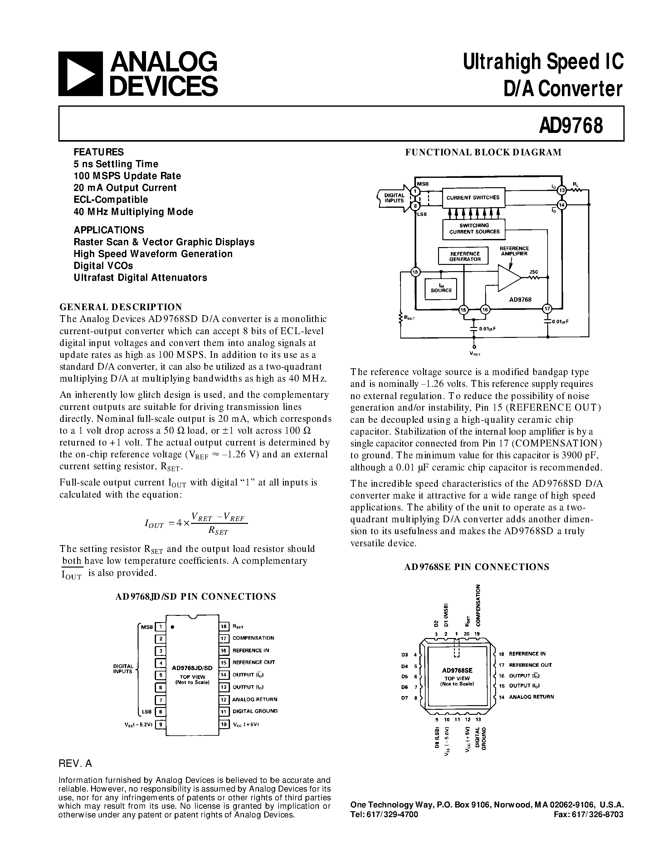 Datasheet AD9768JD page 1 Datasheet AD9768JD - Ultrahigh Speed IC D/A Converter page 1