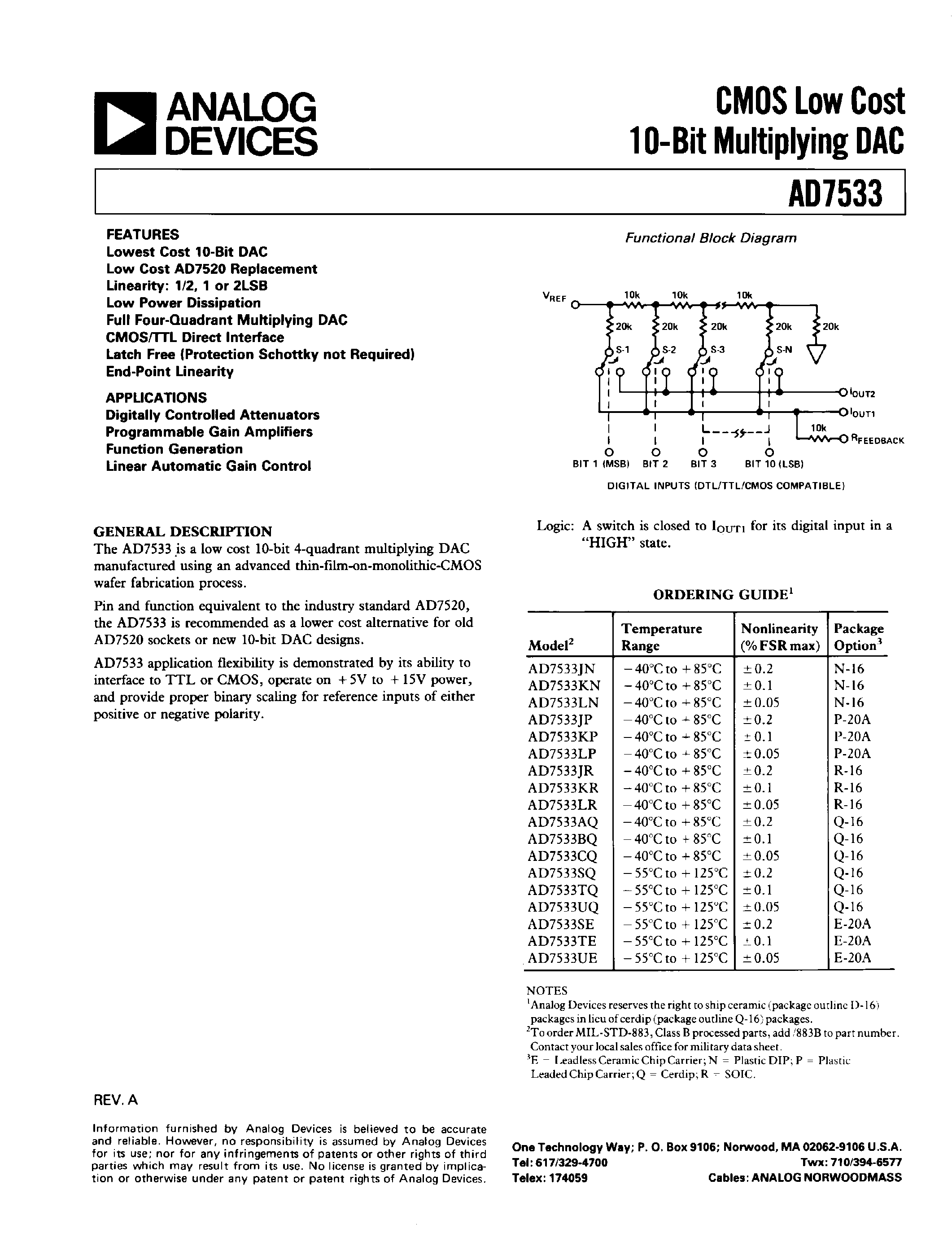 Datasheet AD7533LN page 1 Datasheet AD7533LN - CMOS LOW COST 10-BIT MULTIPLYING DAC page 1