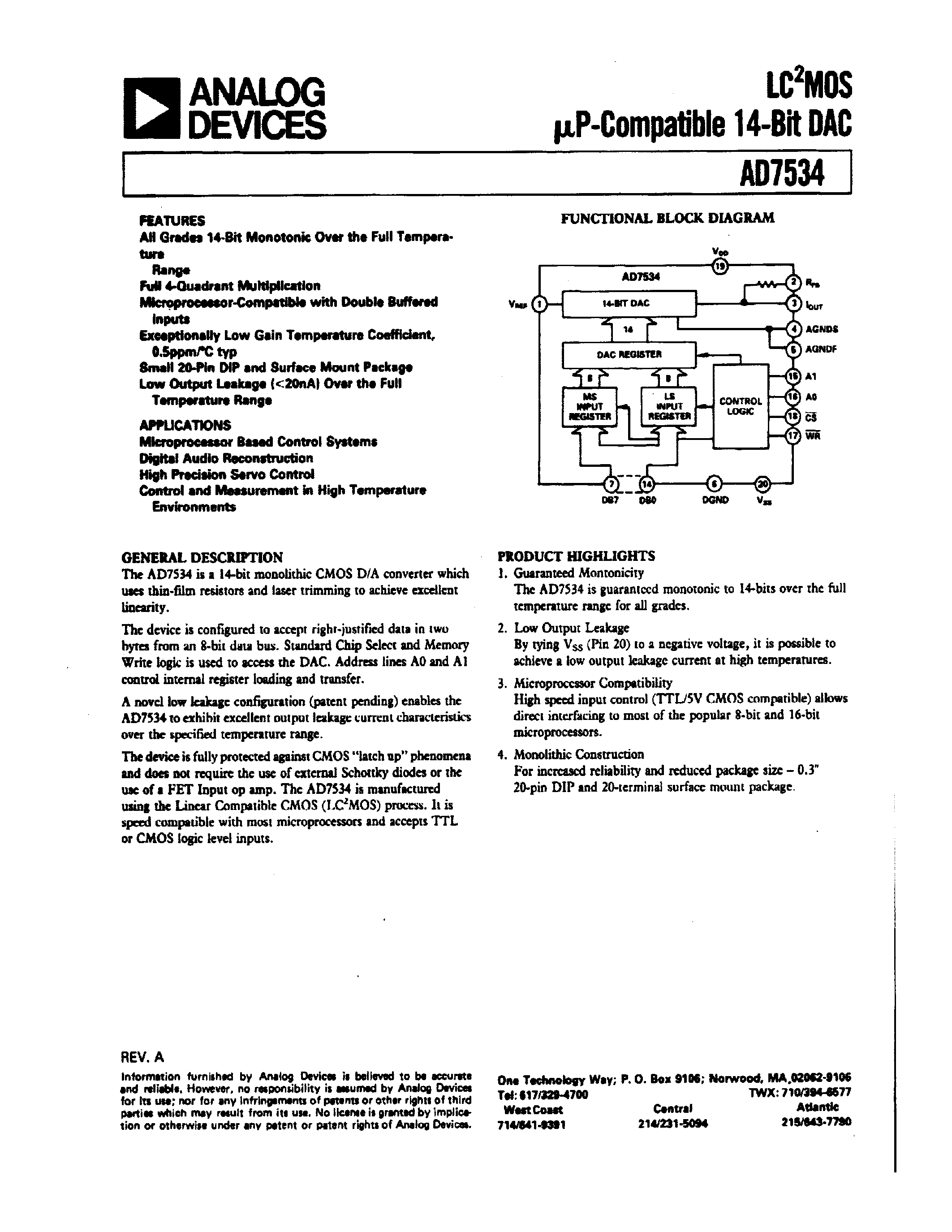 Даташит AD7534BQ - LC2MOS uP-COMPATIBLE 14-BIT DAC страница 1