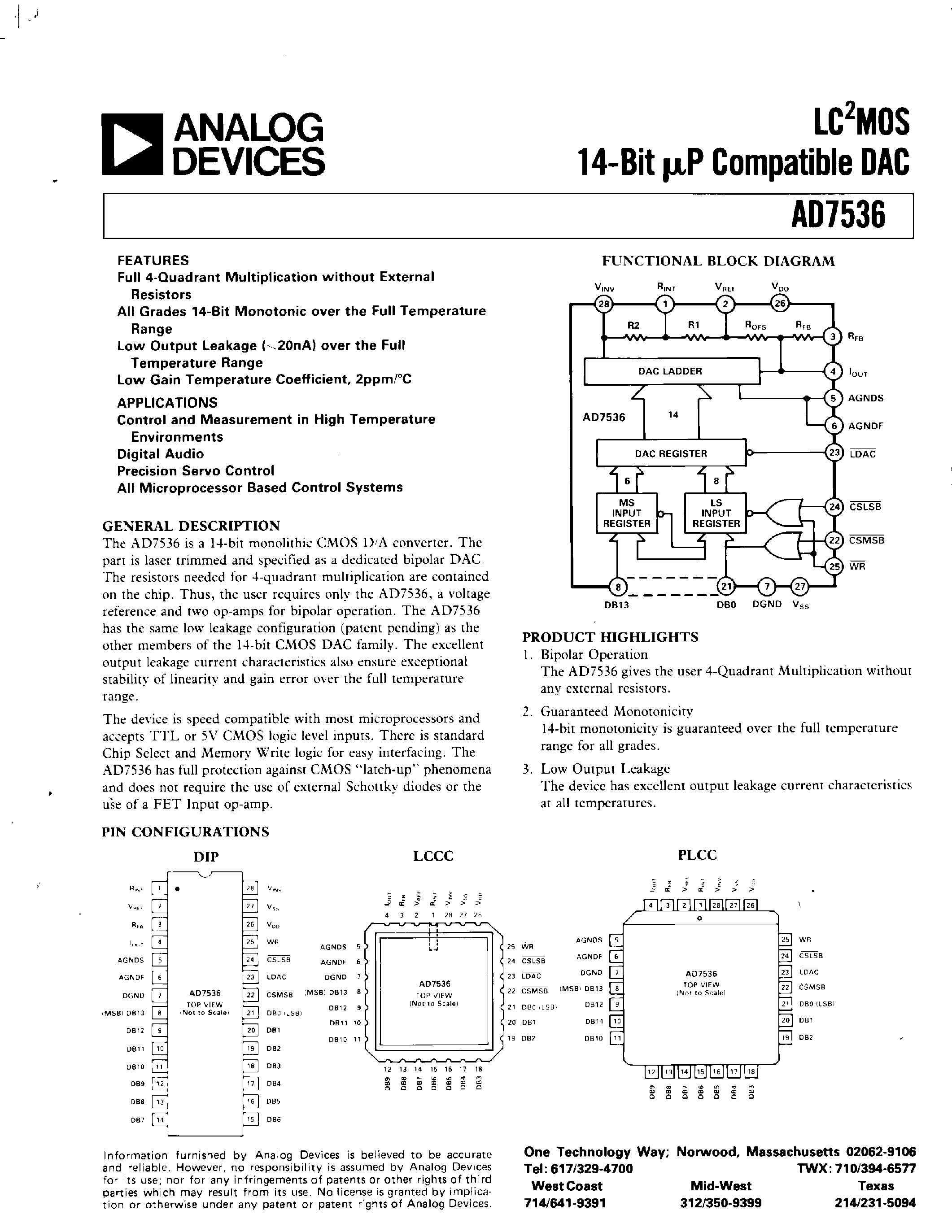 Даташит AD7536 - LC2MOS 14-BIT uP-COMPATIBLE DAC страница 1