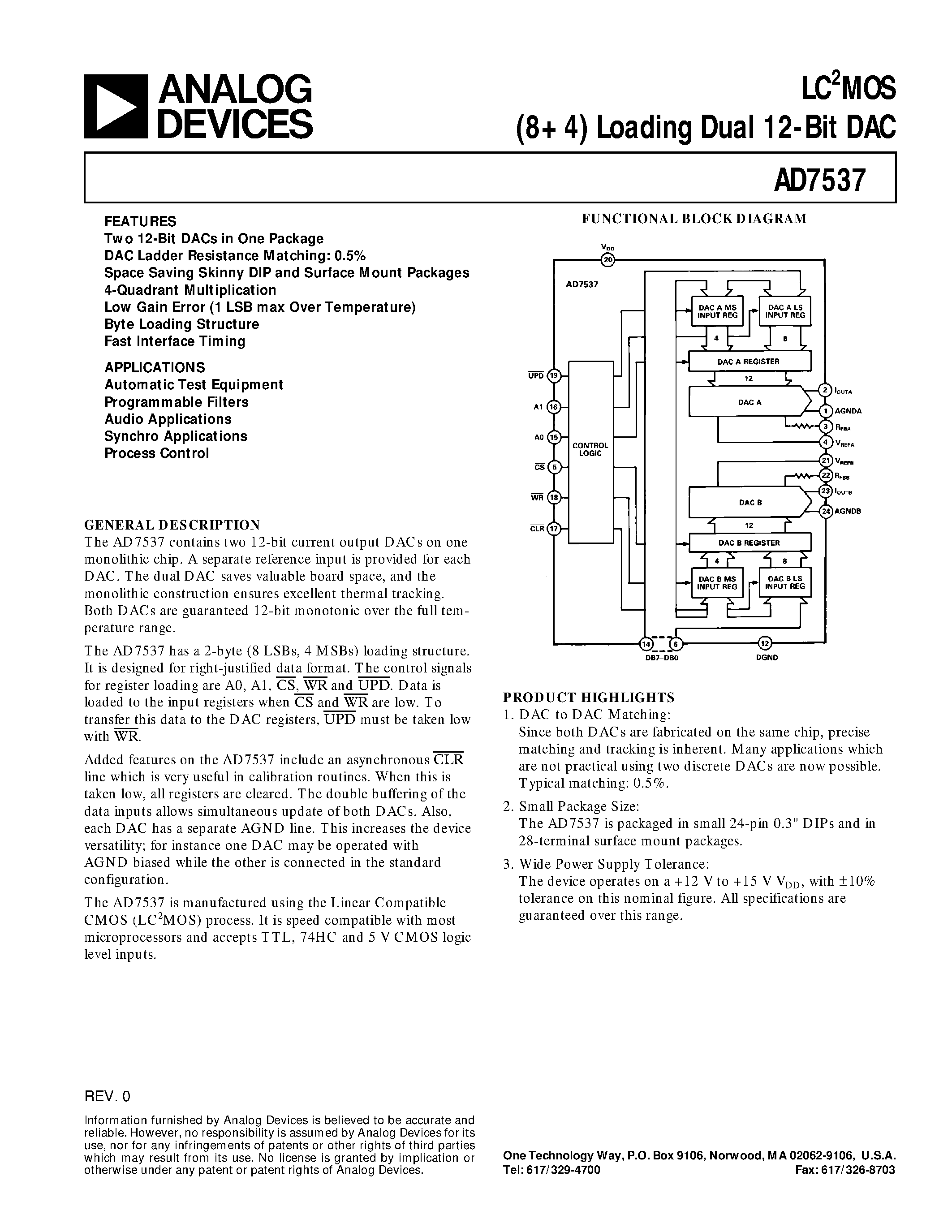 Даташит AD7537KN - LC2MOS (8+4) Loading Dual 12-Bit DAC страница 1
