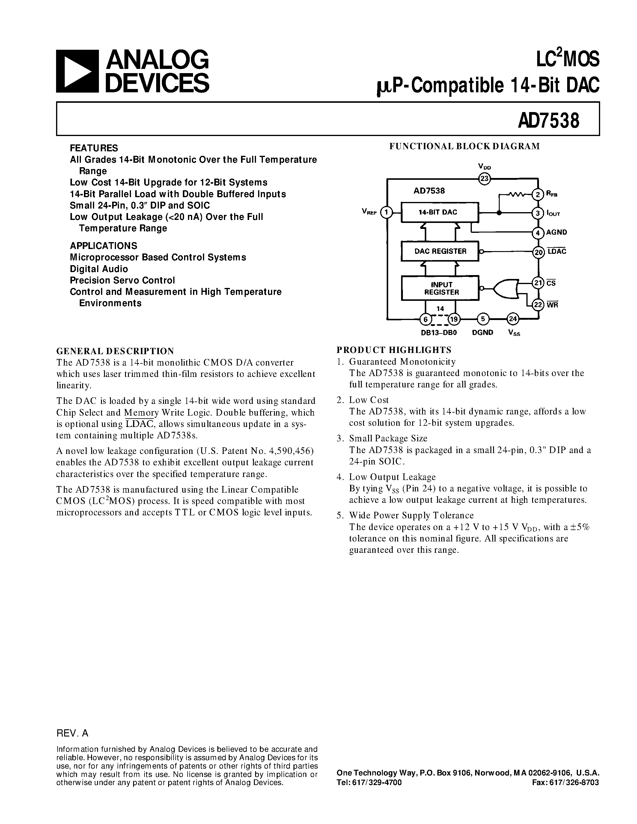 Даташит AD7538 - LC2MOS uP-Compatible 14-Bit DAC страница 1