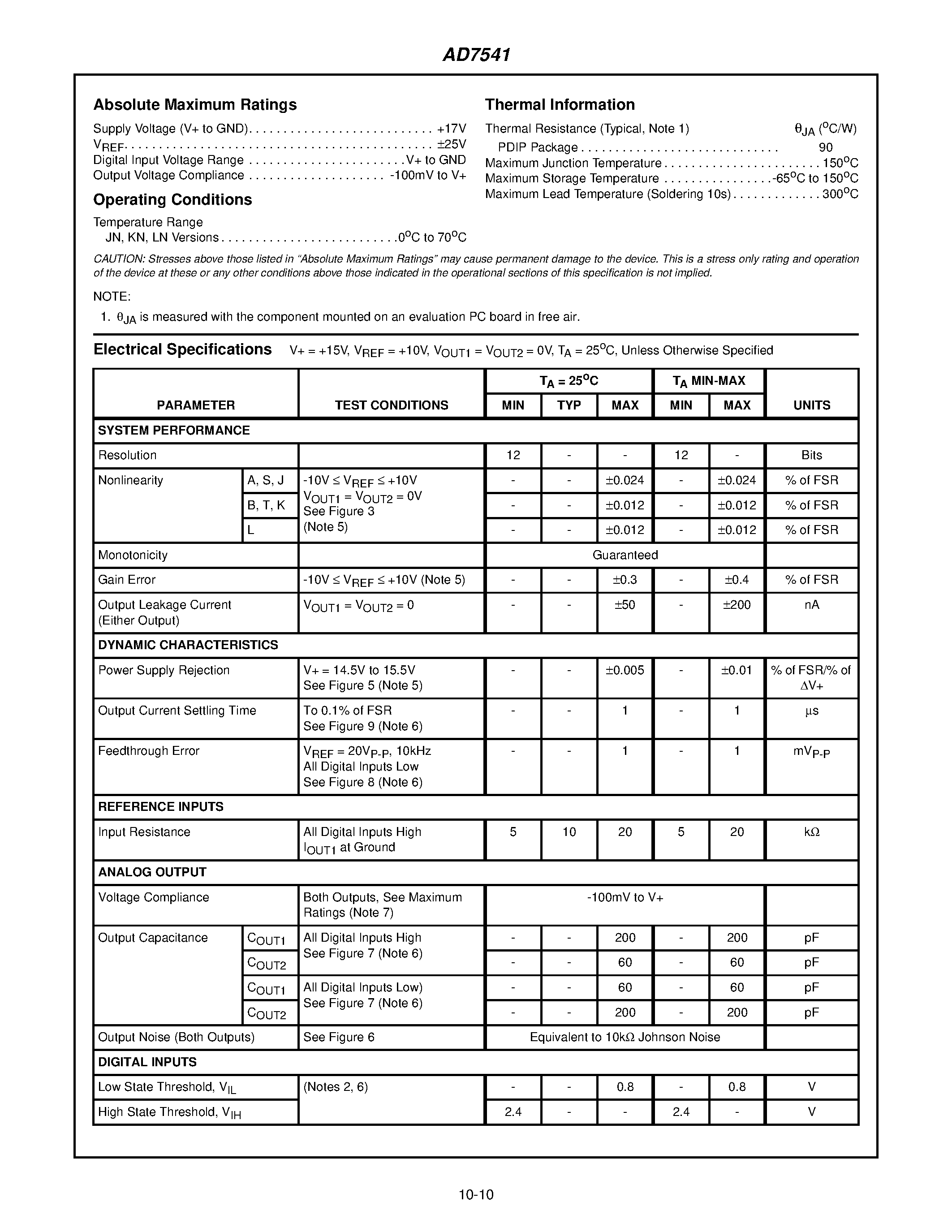 Datasheet AD7541 - 12-Bit/ Multiplying D/A Converter page 2