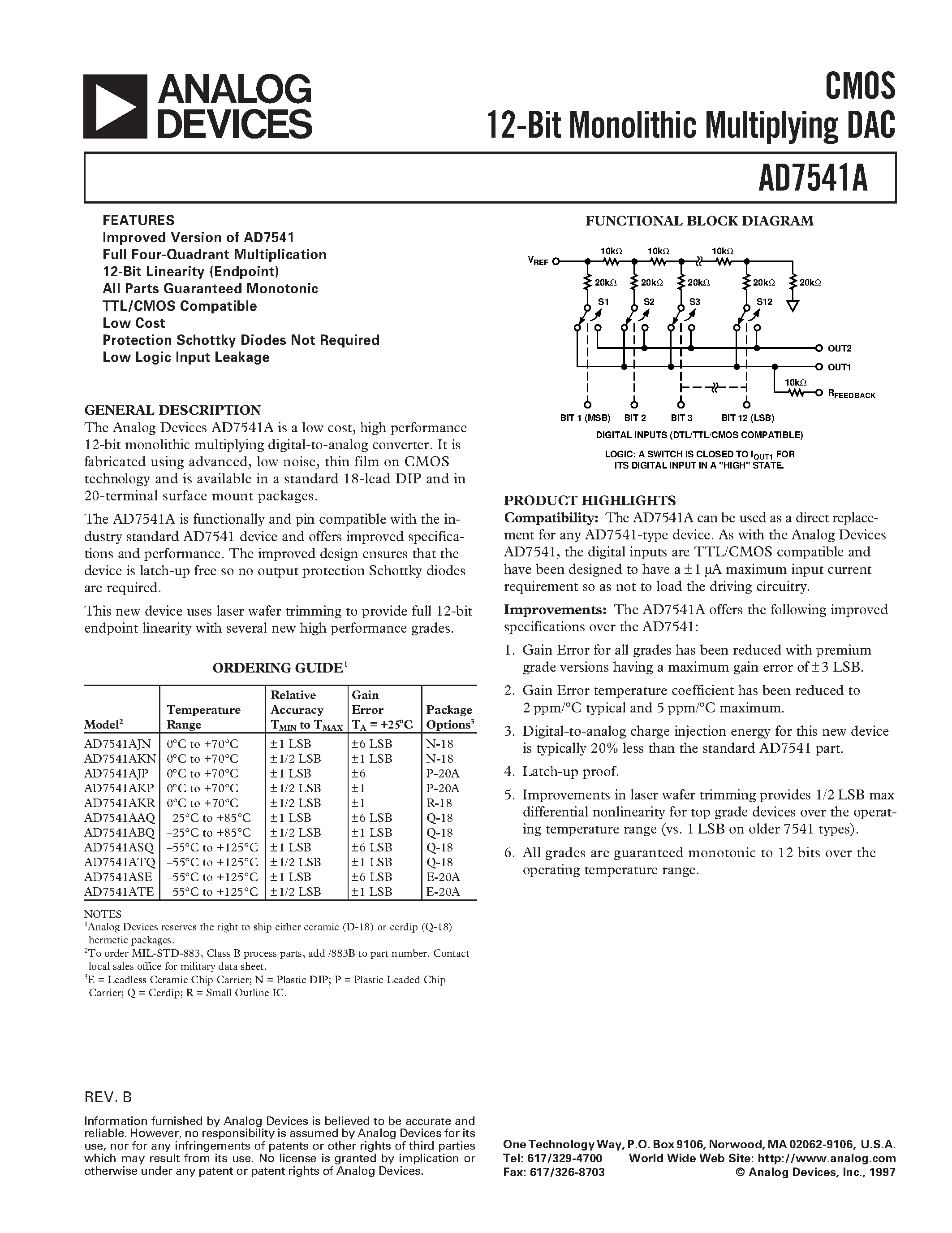 Datasheet AD7541ATE page 1 Datasheet AD7541ATE - CMOS 12-Bit Monolithic Multiplying DAC page 1