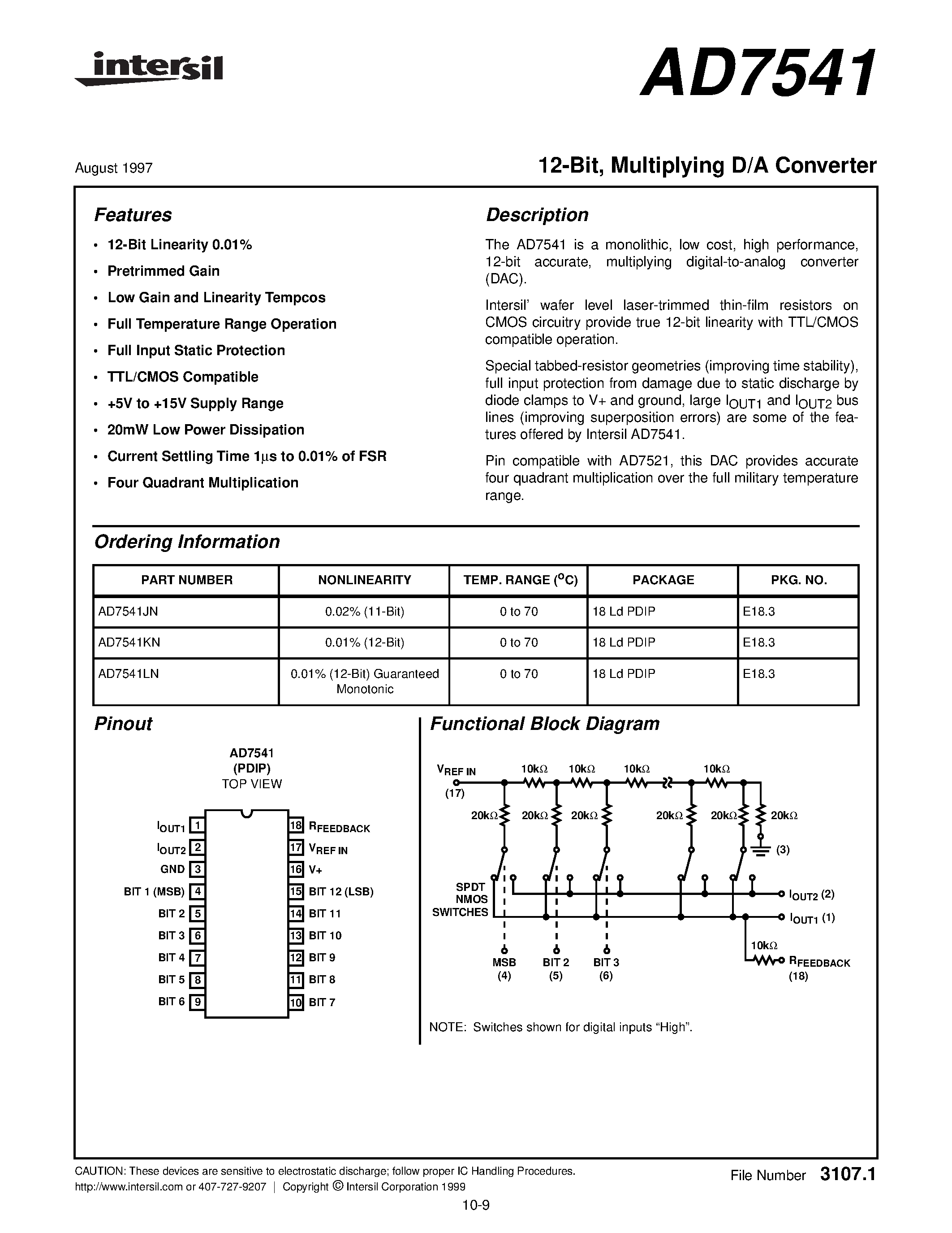 Datasheet AD7541KN page 1 Datasheet AD7541KN - 12-Bit/ Multiplying D/A Converter page 1