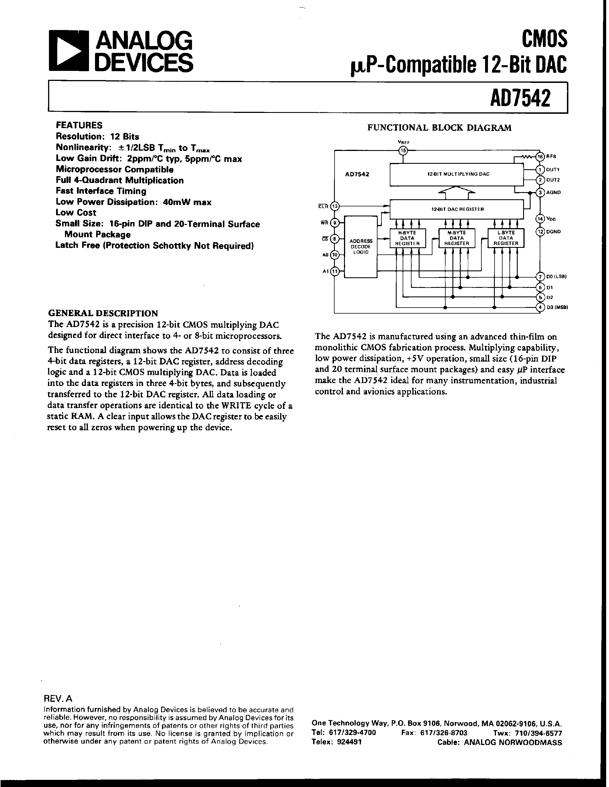 Datasheet AD7542GKP - CMOS uP-COMPATIBLE 12-BIT DAC page 1