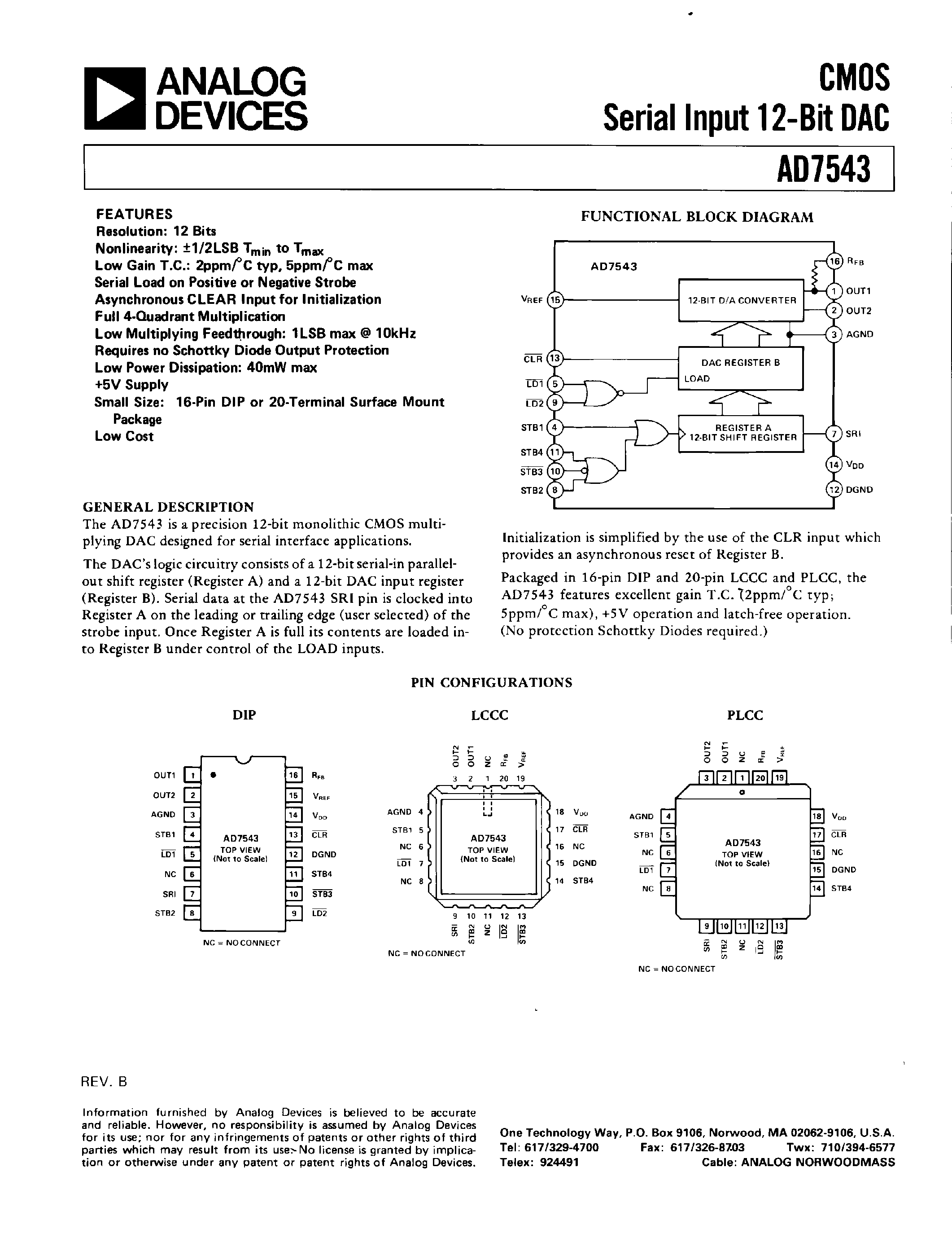 Datasheet AD7543GBQ page 1 Datasheet AD7543GBQ - CMOS SERIAL INPUT 12-BIT DAC page 1