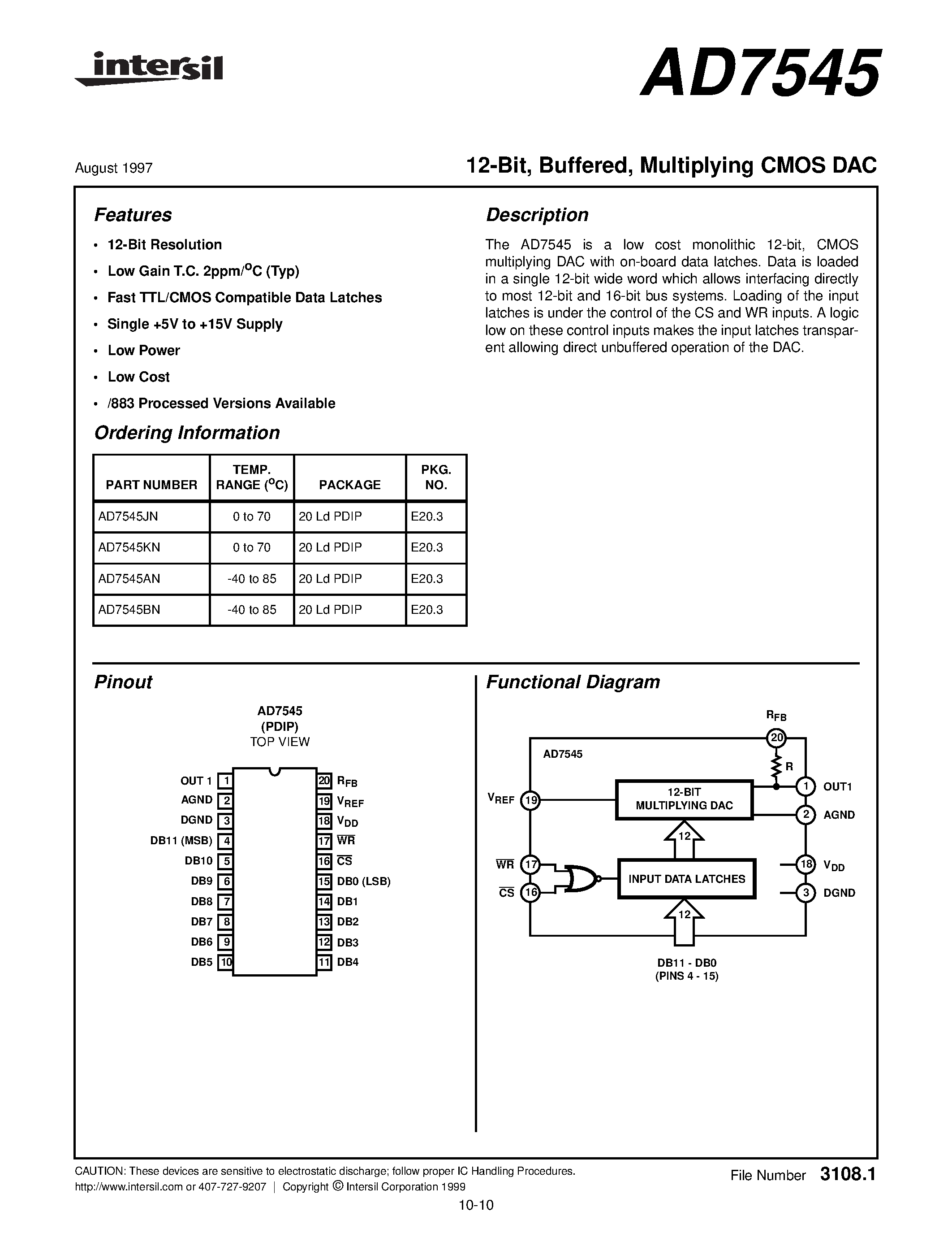 Datasheet AD7545AN - 12-Bit/ Buffered/ Multiplying CMOS DAC page 1