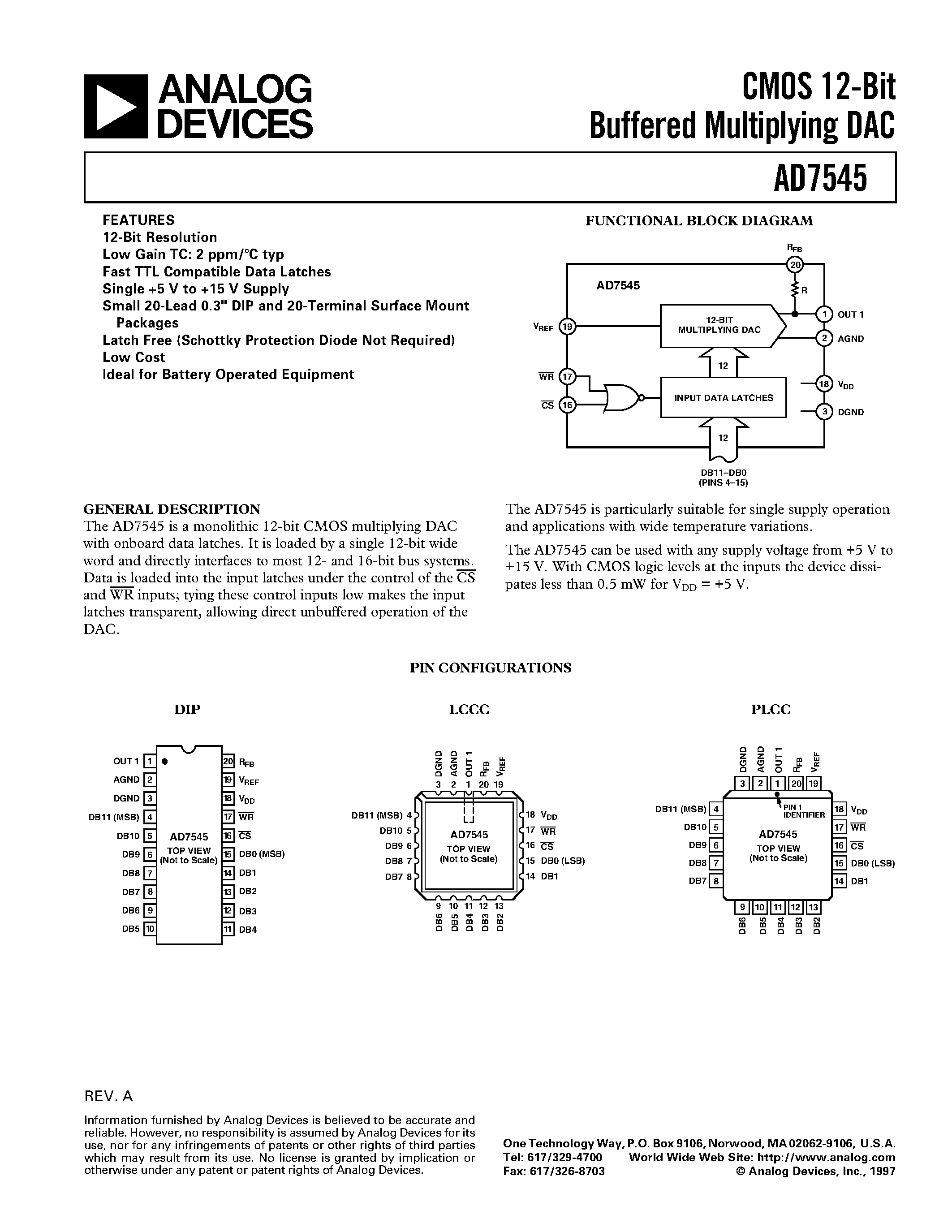 Datasheet AD7545BQ - CMOS 12-Bit Buffered Multiplying DAC page 1