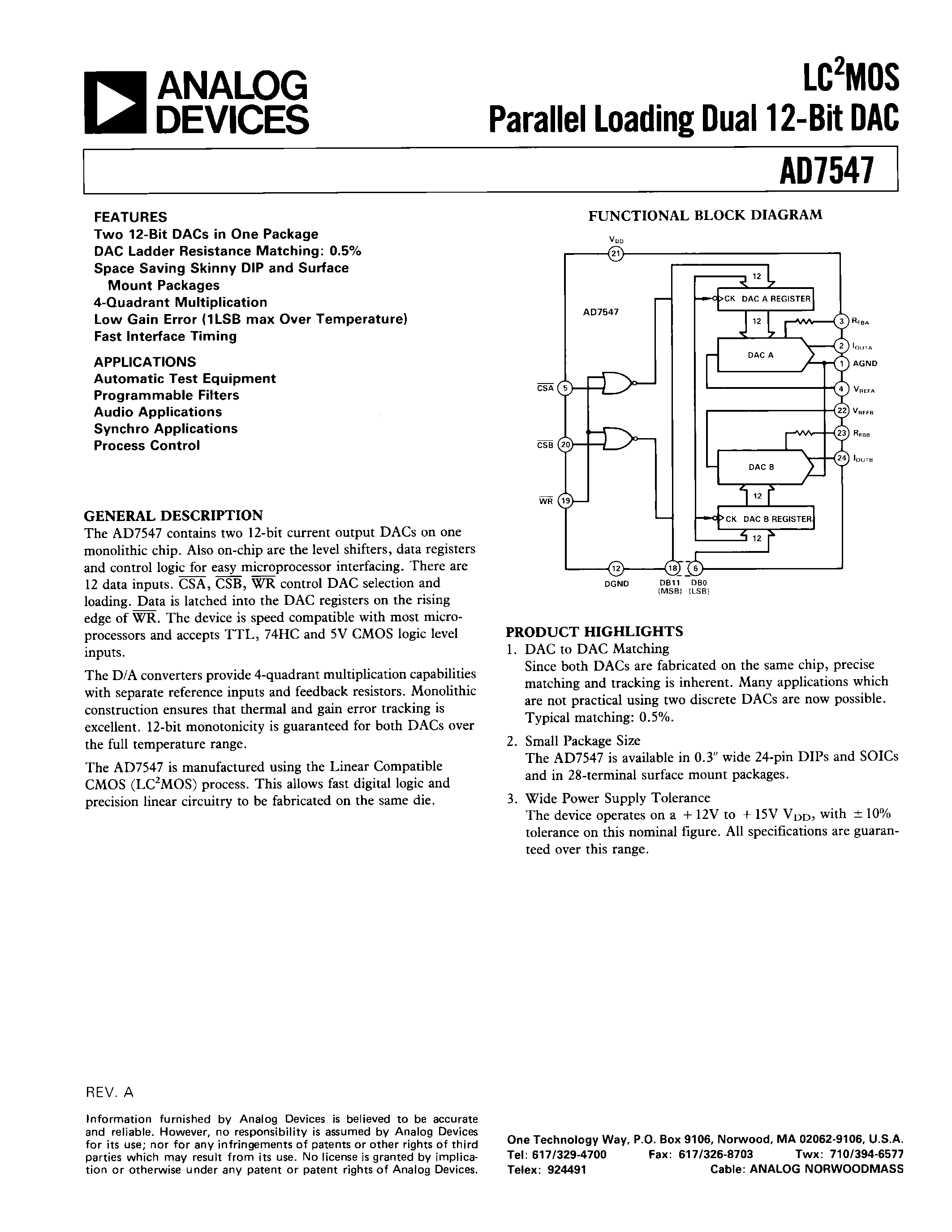 Даташит AD7547TE - LC2MOS PARALLEL LOADING DUAL 12-BIT DAC страница 1