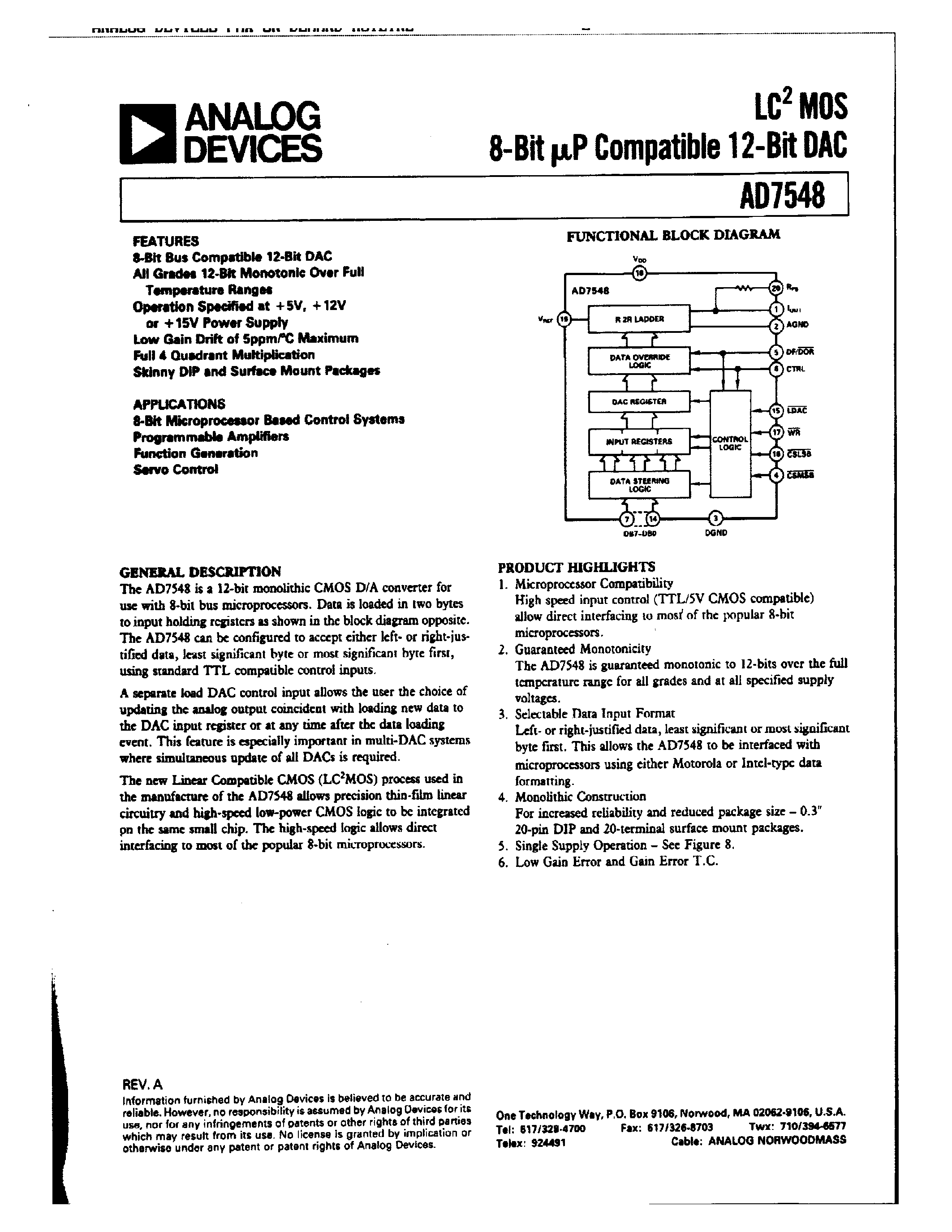 Даташит AD7548JN - LC2MOS 8-BIT uP COMPATIBLE 12-BIT DAC страница 1