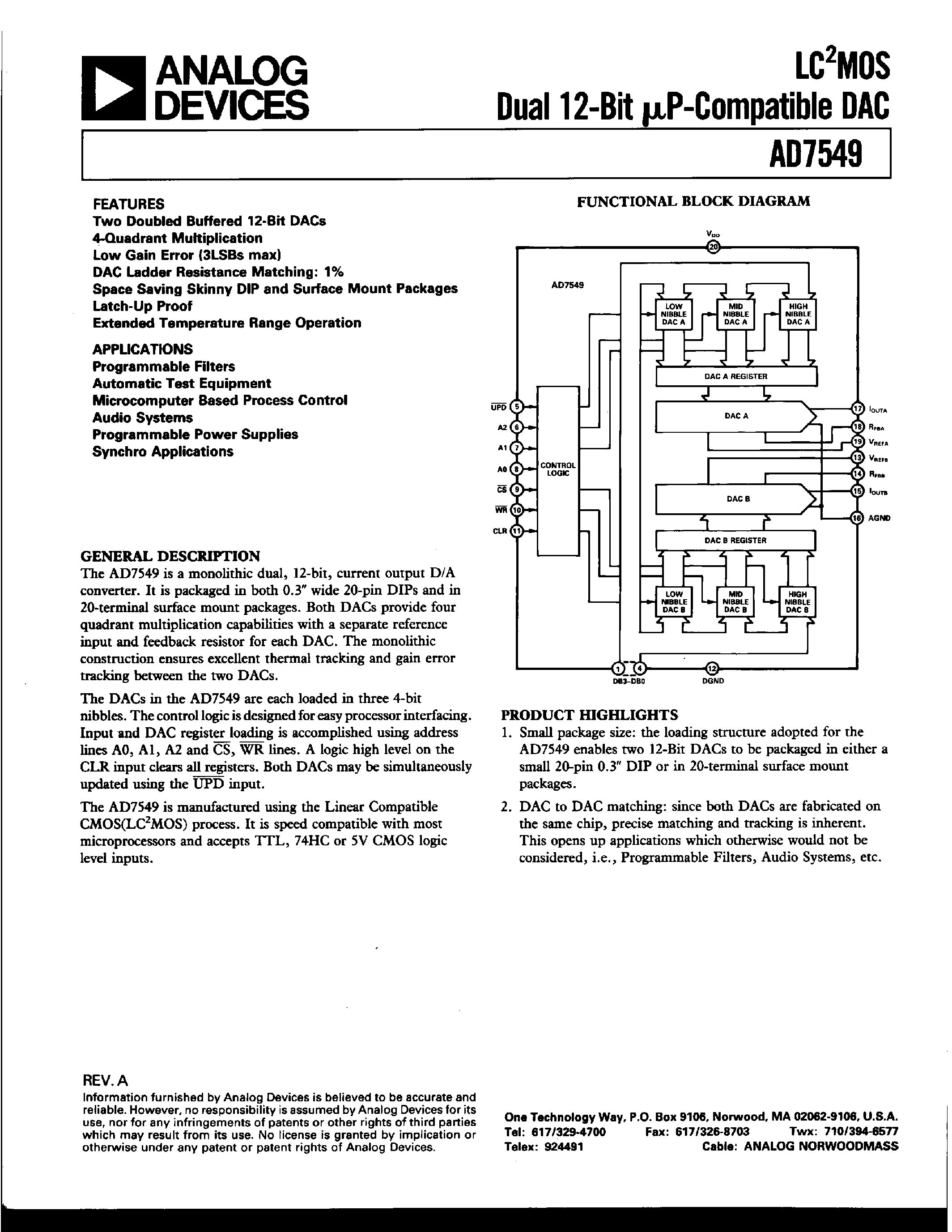 Даташит AD7549AQ - LC2MOS DUAL 12-BIT uP-COMPATIBLE DAC страница 1
