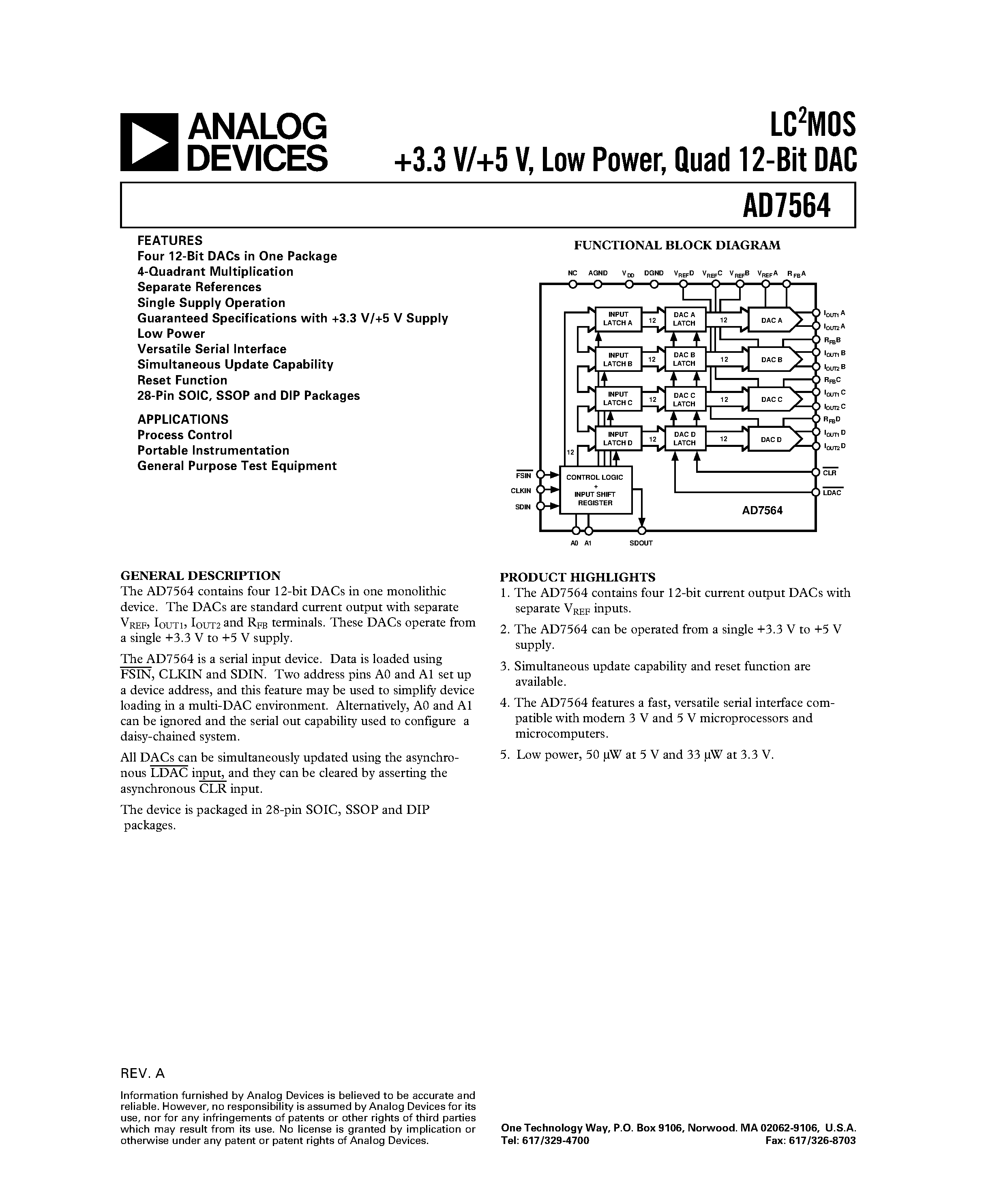 Даташит AD7564 - LC2MOS +3.3 V/+5 V/ Low Power/ Quad 12-Bit DAC страница 1
