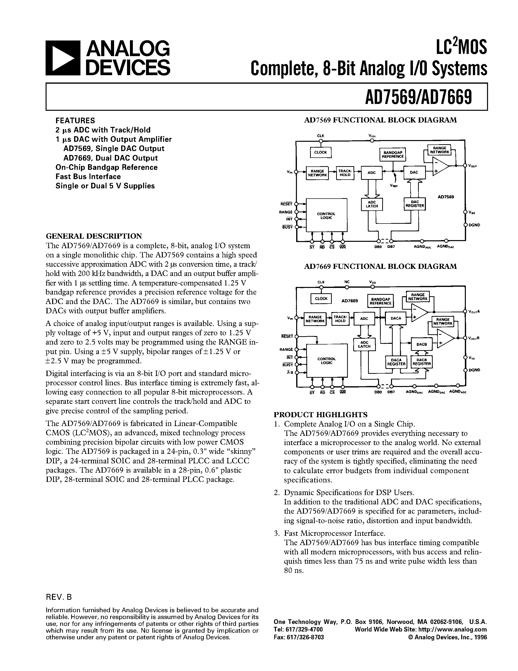 Даташит AD7569JN - LC2MOS Complete/ 8-Bit Analog I/0 Systems страница 1