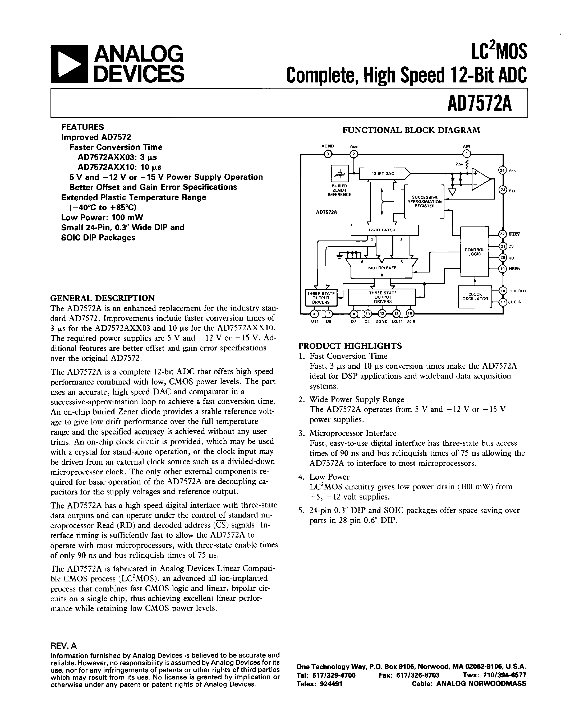 Даташит AD7572AAN10 - LC2MOS COMPLETE/ HIGH SPEED 12-BIT ADC страница 1