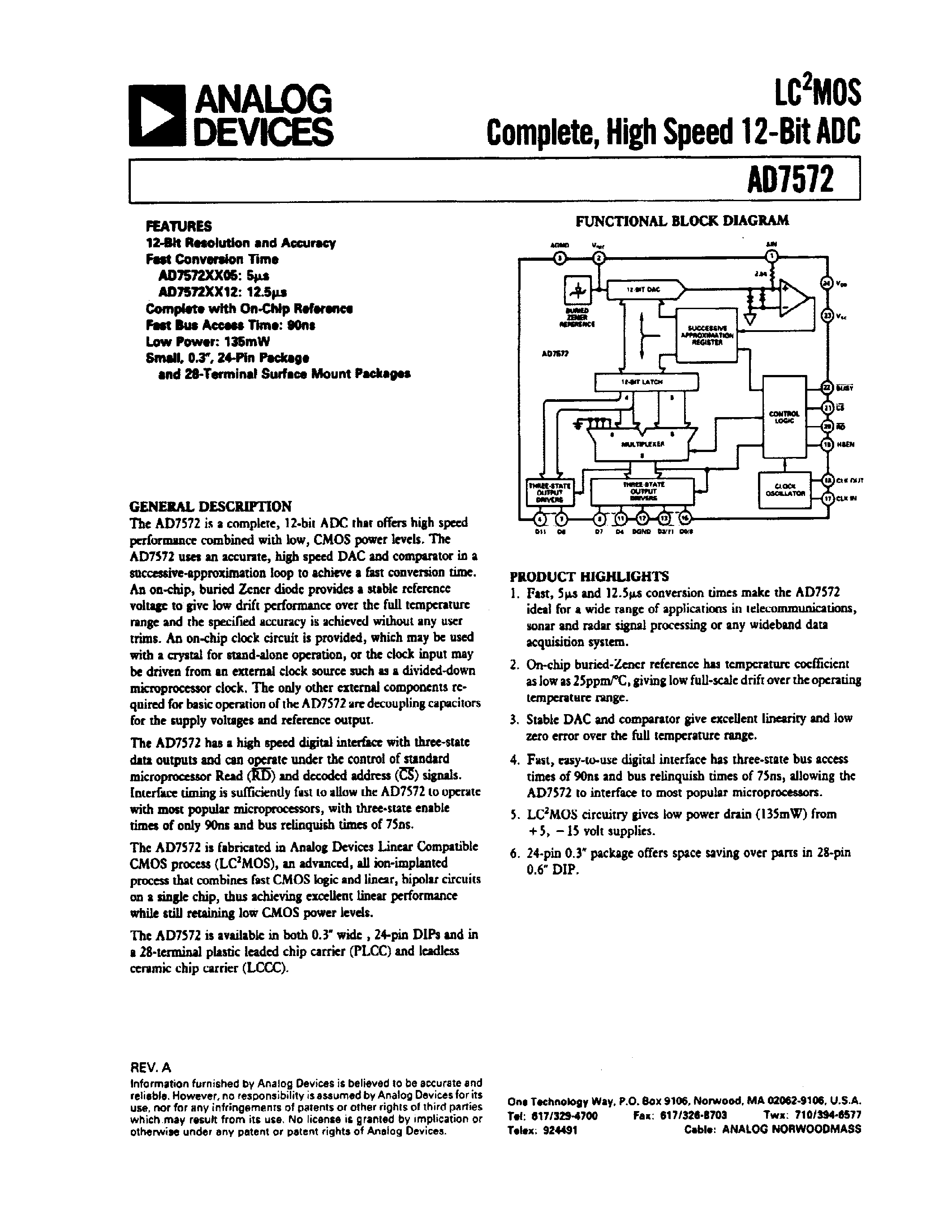 Даташит AD7572UE05 - LC2MOS COMPLETE/ HIGH SPEED 12-BIT ADC страница 1