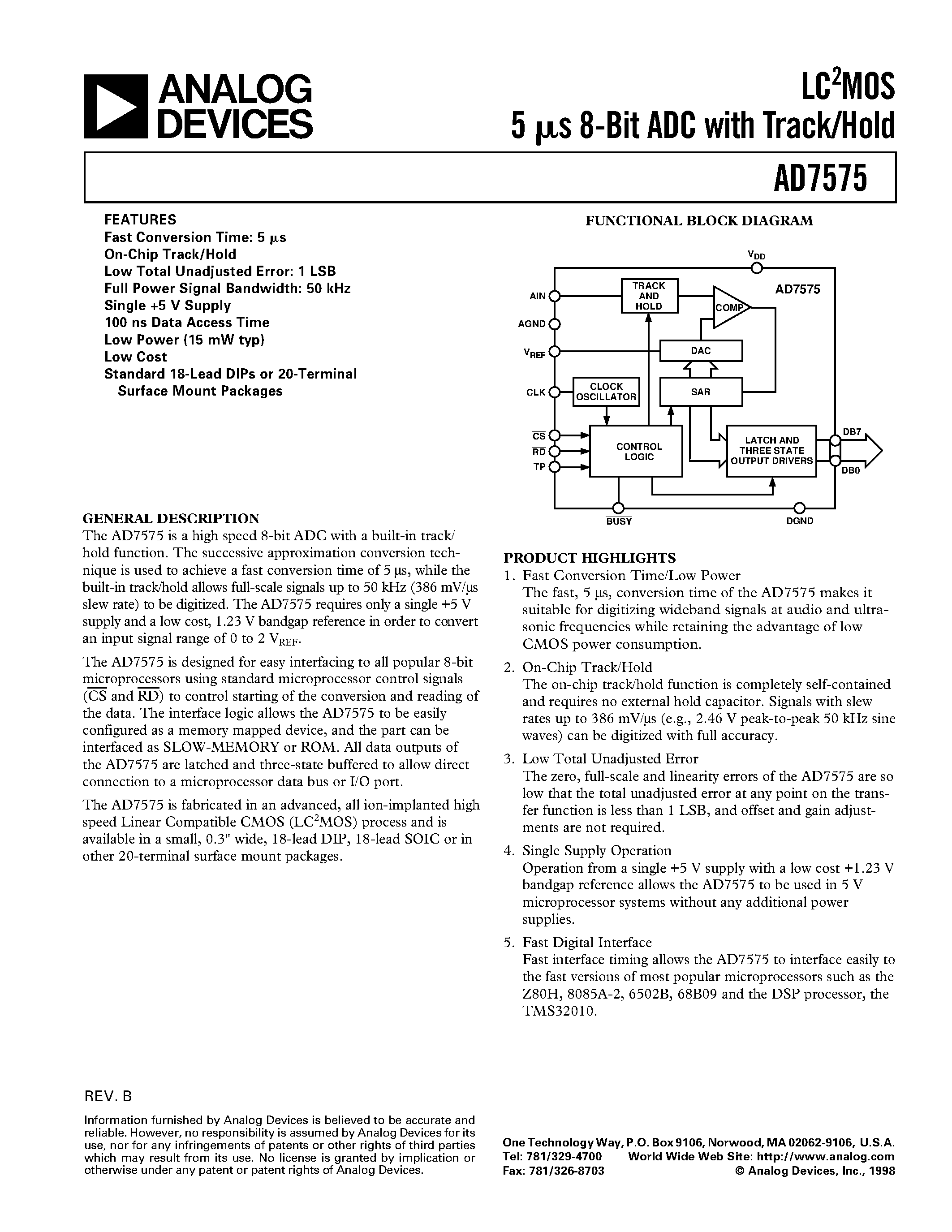 Даташит AD7575TE - LC2MOS 5 us 8-Bit ADC with Track/Hold страница 1