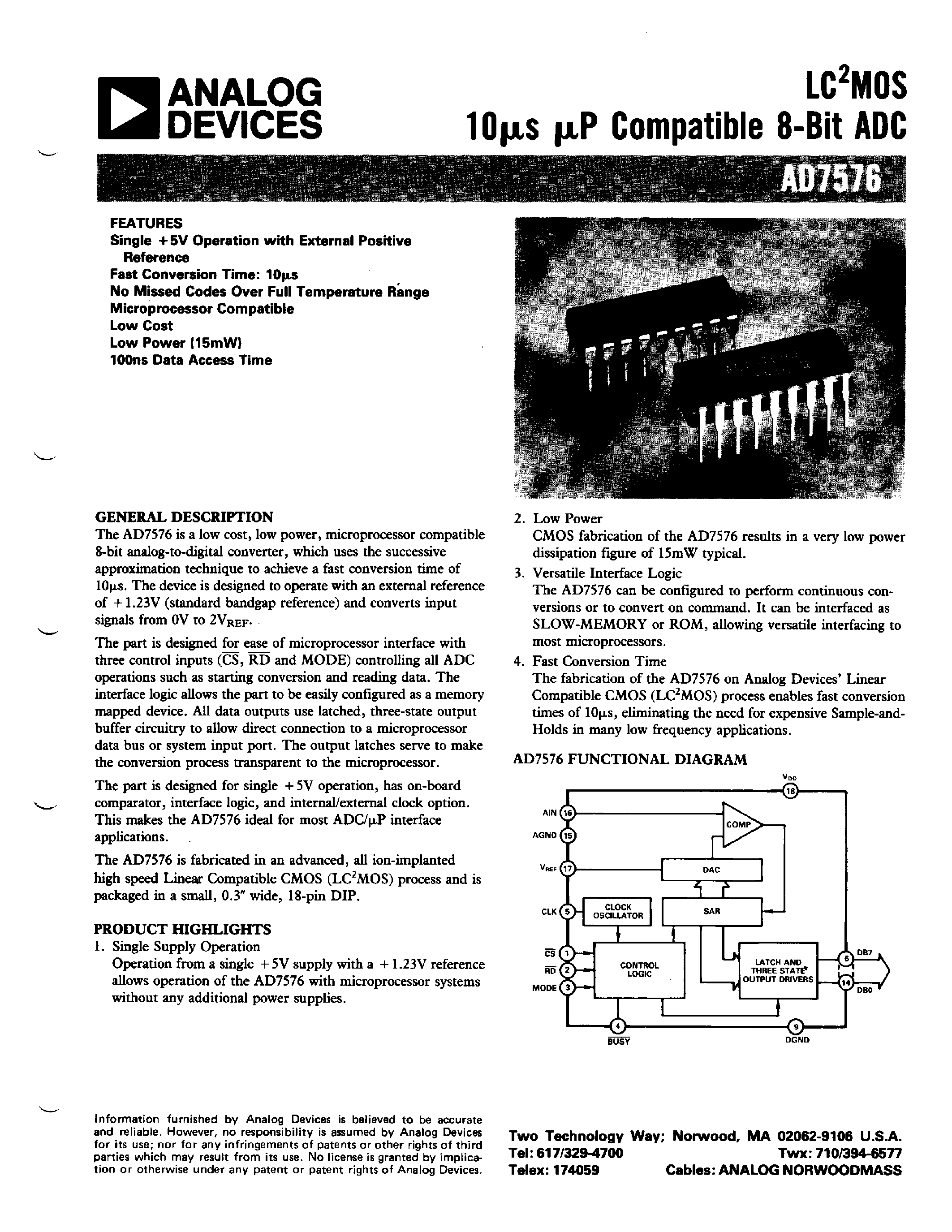 Даташит AD7576KN - LC2MOS 10 us uP-Compatible 8-Bit ADC страница 1