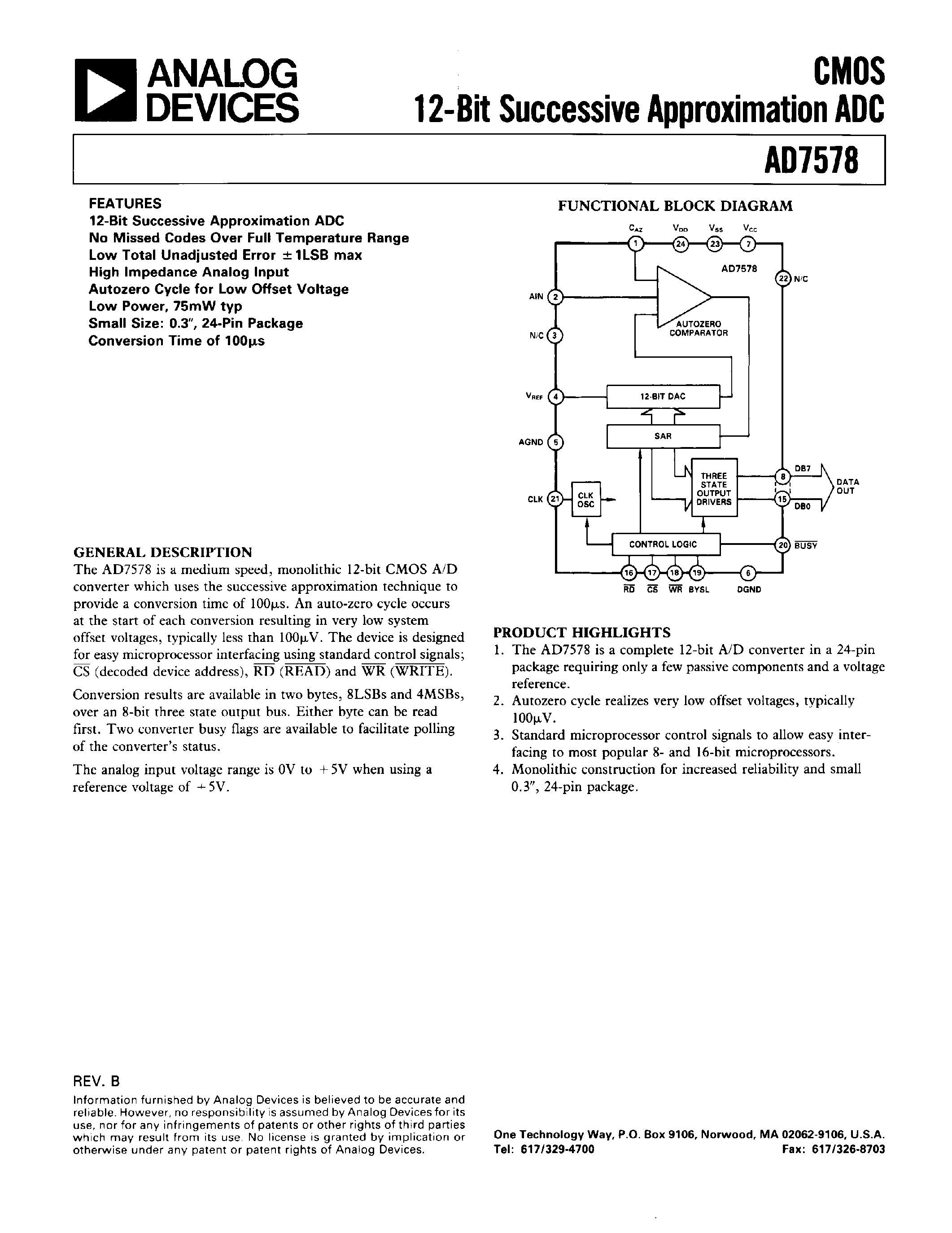 Datasheet AD7578KN page 1 Datasheet AD7578KN - CMOS 12-BIT SUCCESSIVE APPROXIMATION ADC page 1