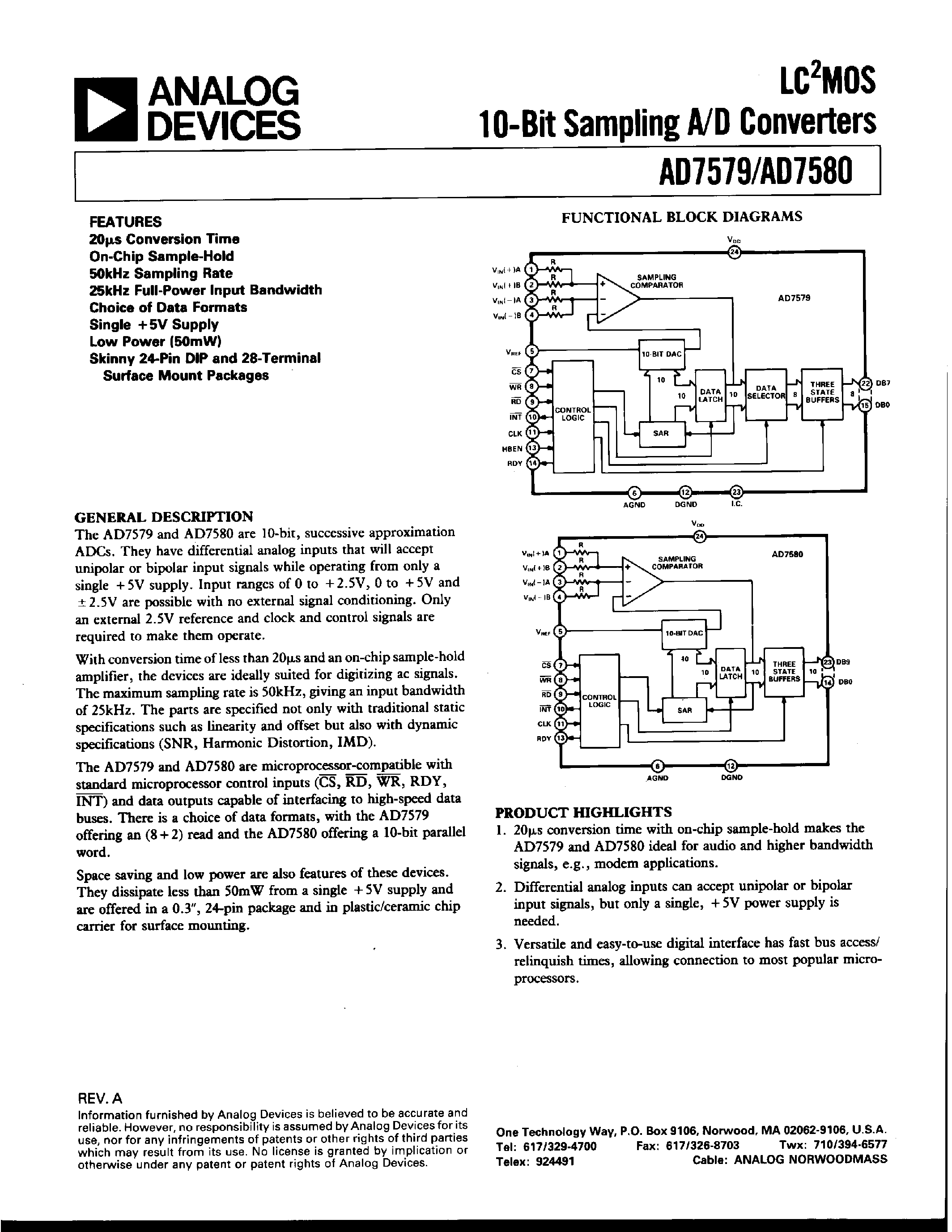 Даташит AD7579SQ - LC2MOS 10-BIT SAMPLING A/D CONVERTERS страница 1