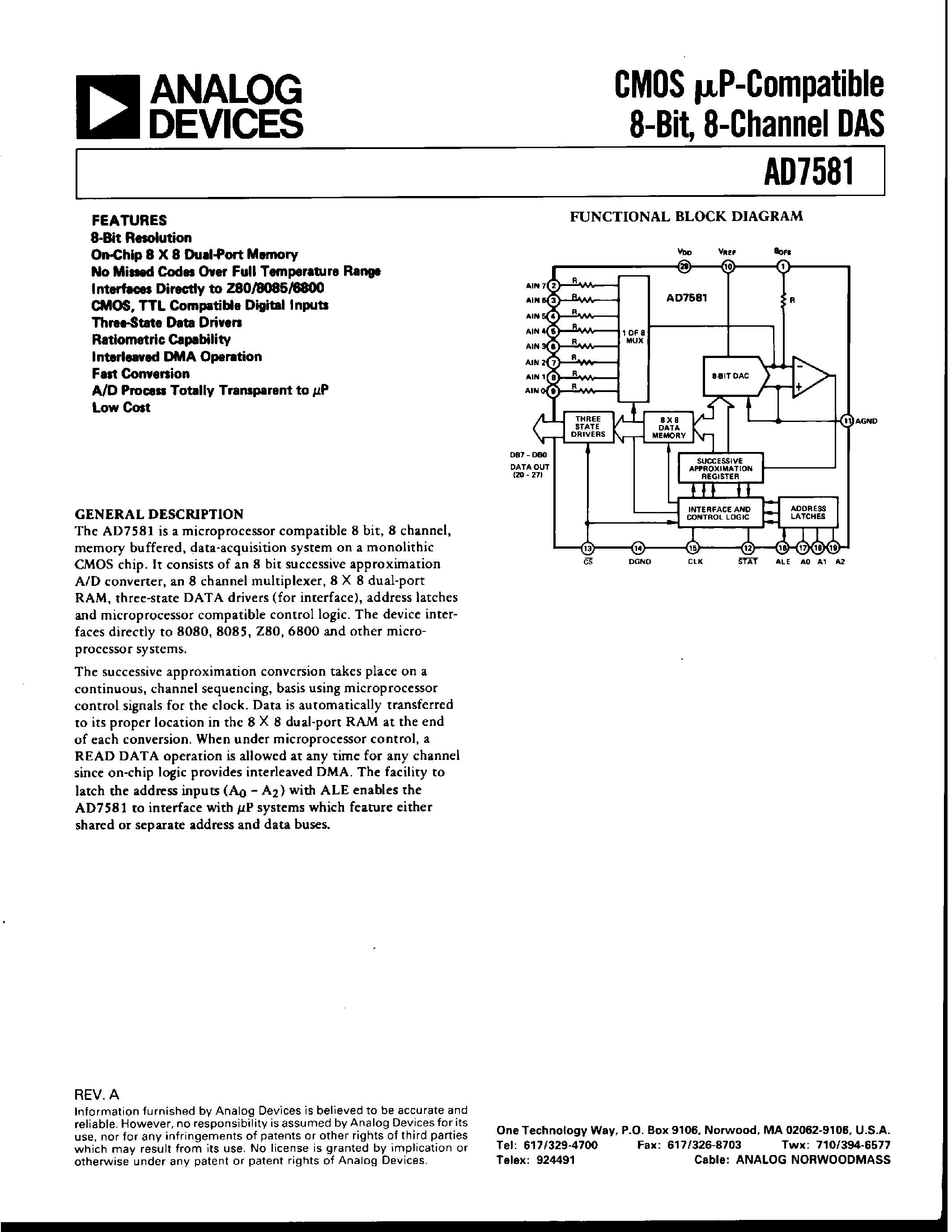 Datasheet AD7581BQ - CMOS uP-COMPATIBLE 8-BIT/ 8-CHANNEL DAS page 1