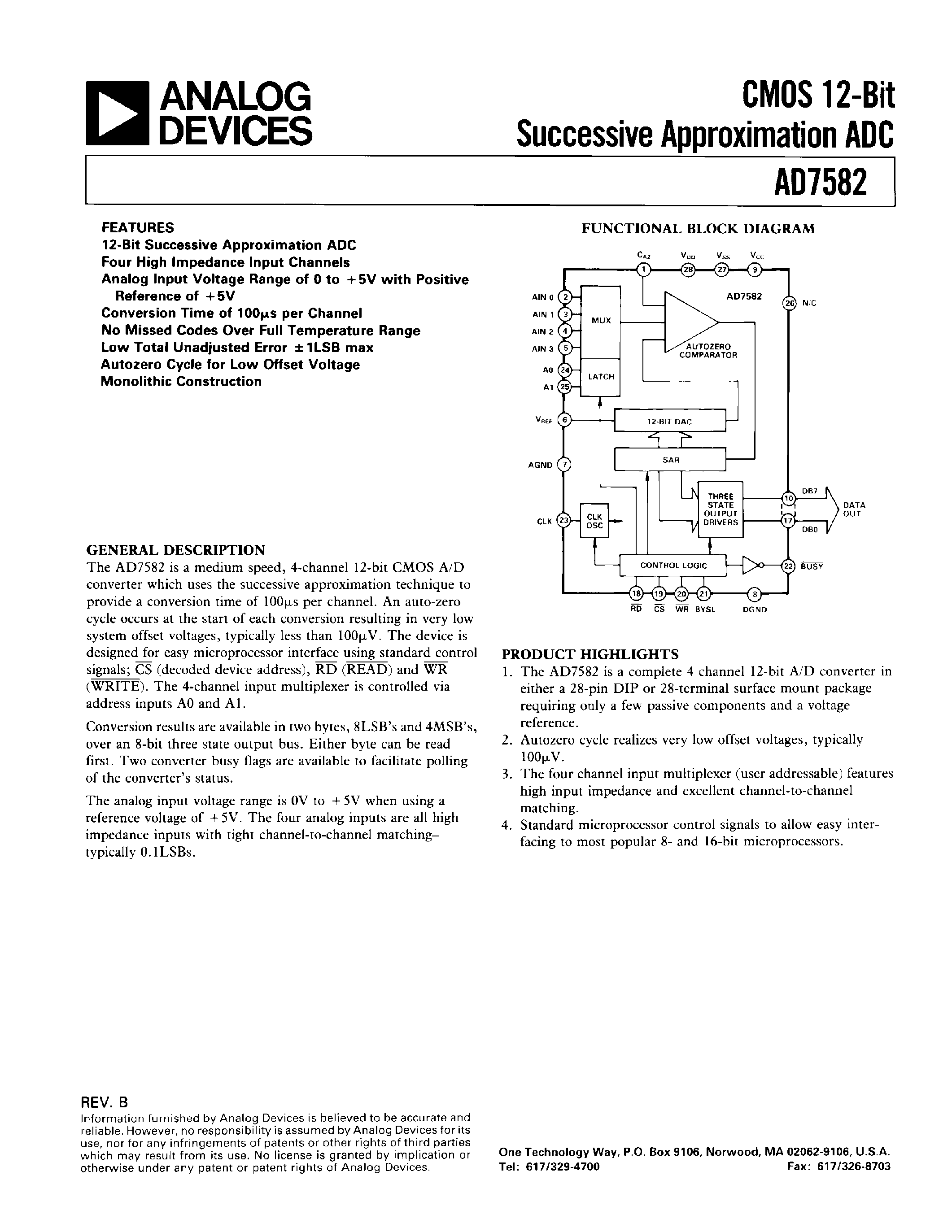 Datasheet AD7582KP - CMOS 12-BIT SUCCESSIVE APPROXIMATION ADC page 1