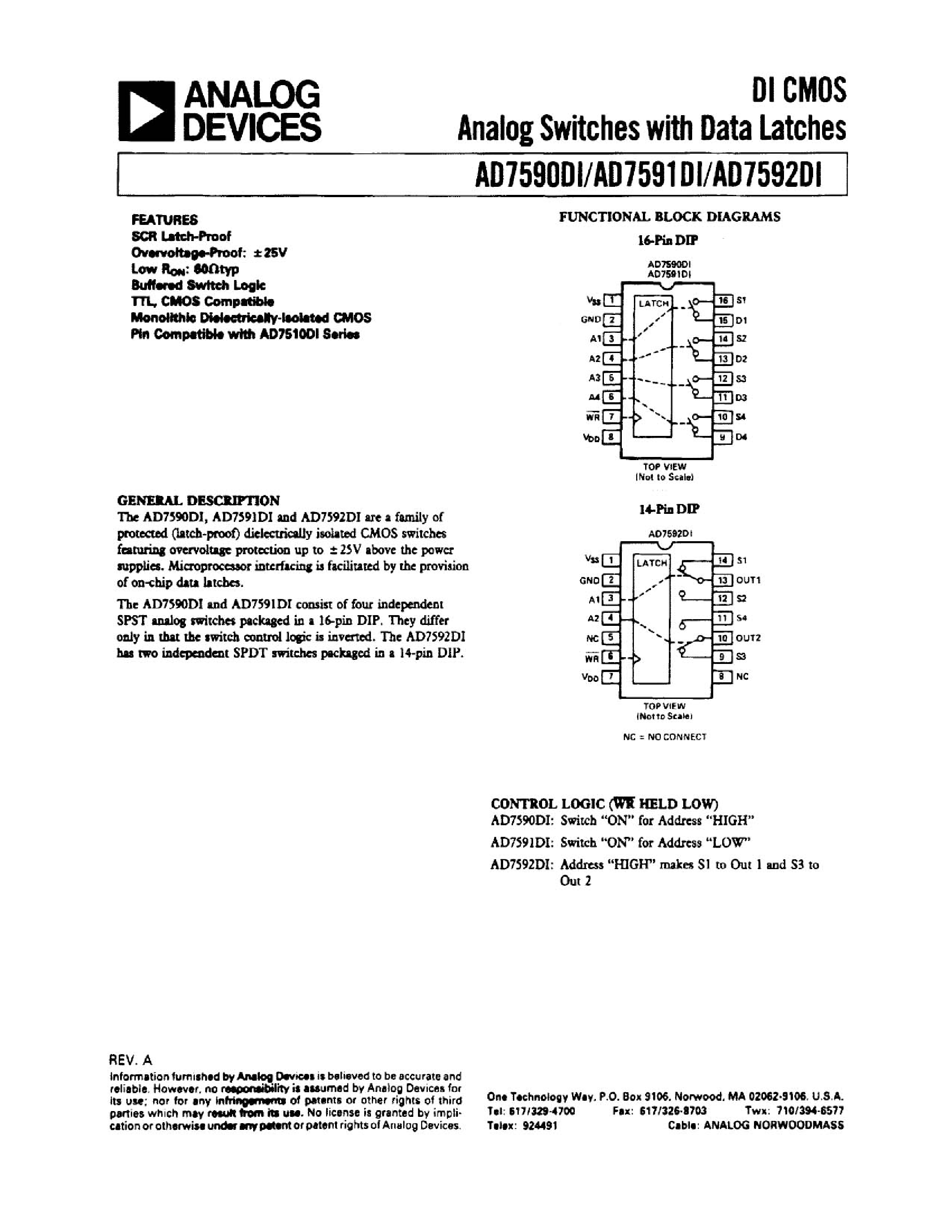 Datasheet AD7591DITQ - DI CMOS ANALOG SWITCHES WITH DATA LATCHES page 1
