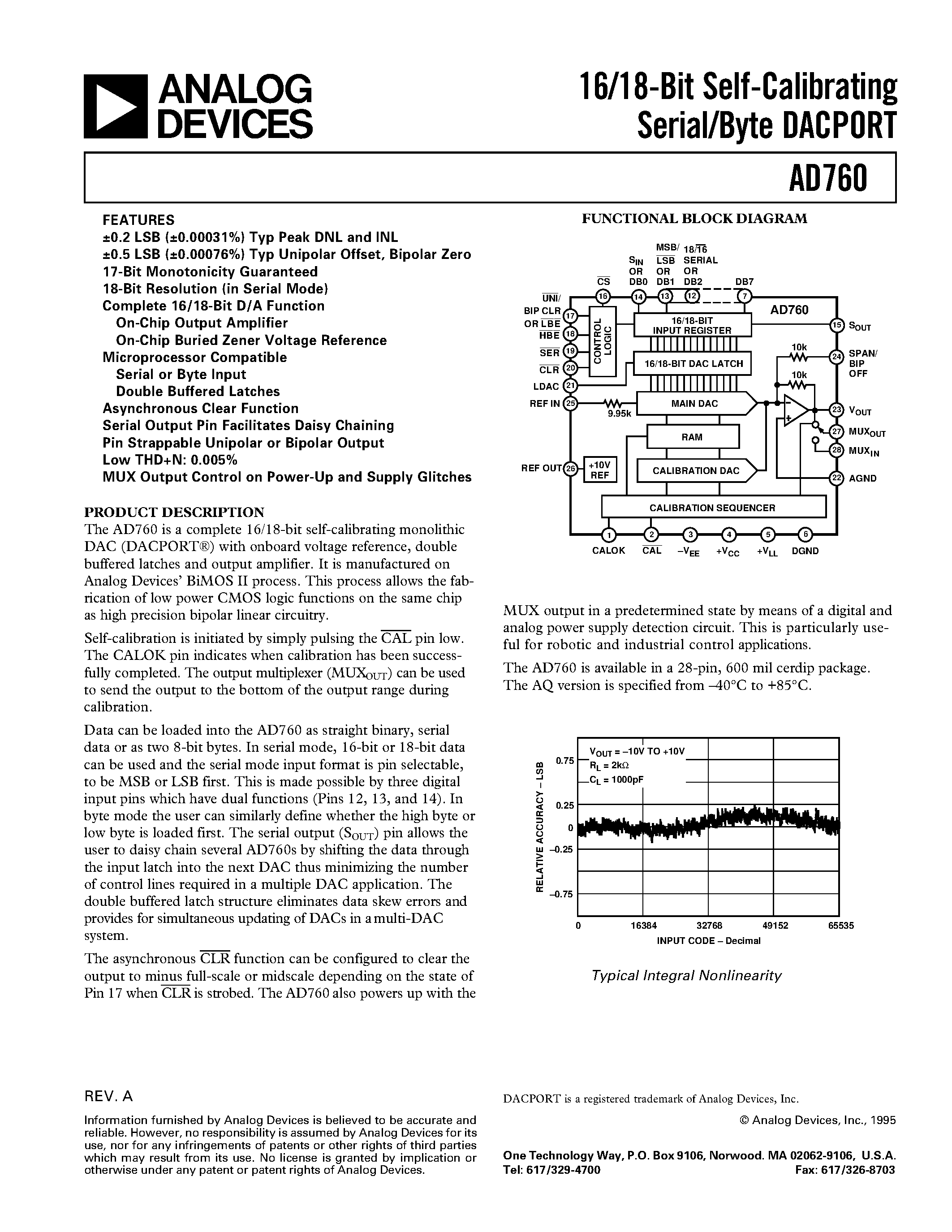 Datasheet AD760 - 16/18-Bit Self-Calibrating Serial/Byte DACPORT page 1