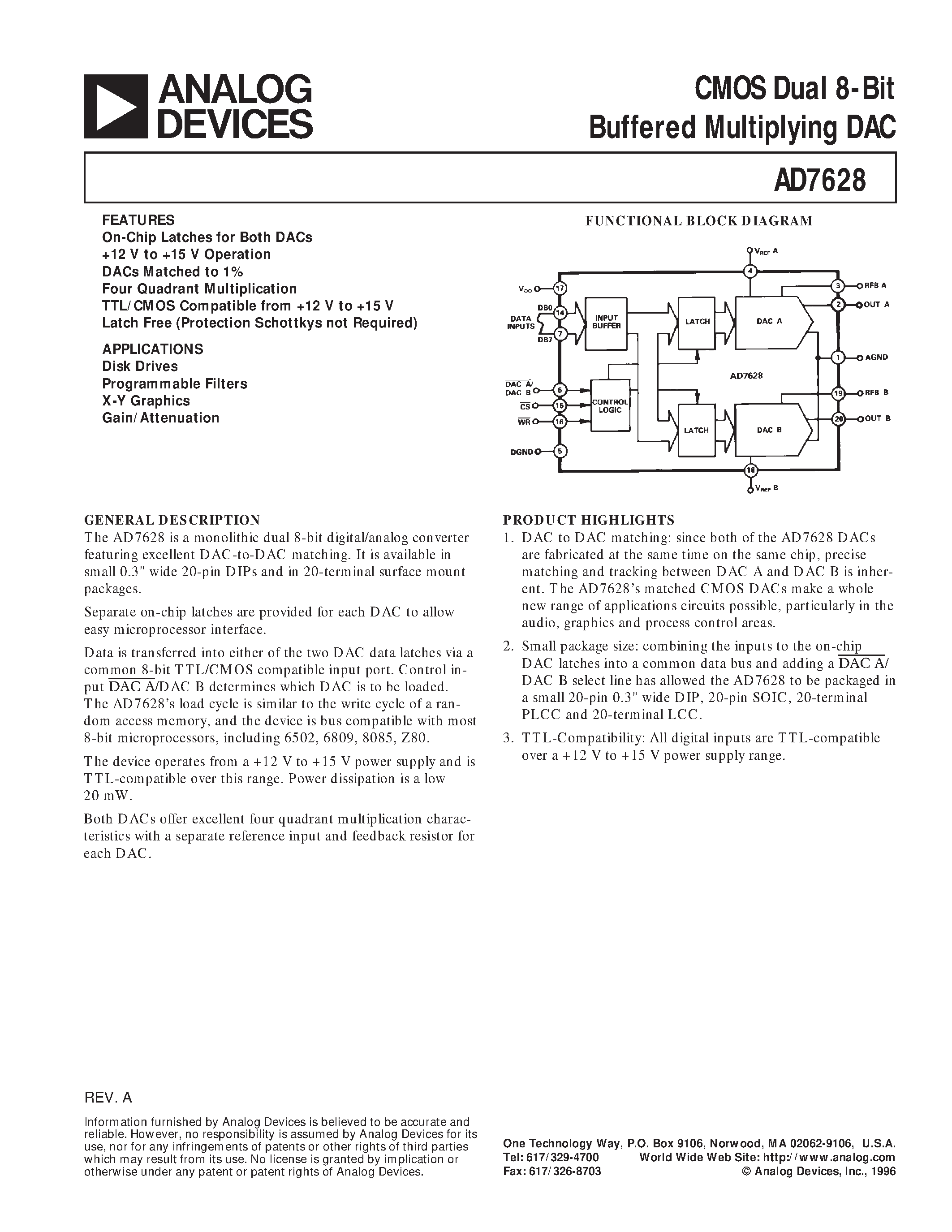 Datasheet AD7628BQ page 1 Datasheet AD7628BQ - CMOS Dual 8-Bit Buffered Multiplying DAC page 1