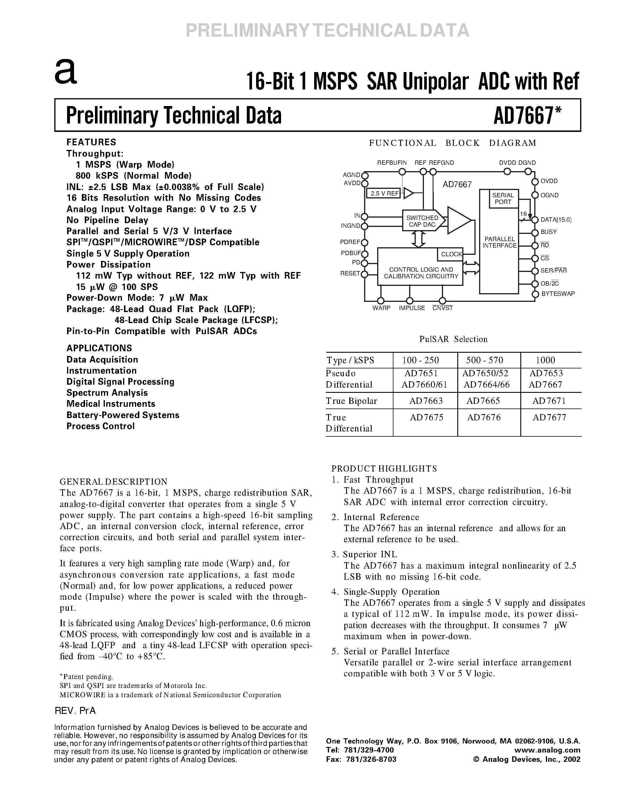 Datasheet AD7652 - 18-Bit/ 2.5 LSB INL/ 570 kSPS SAR ADC page 1