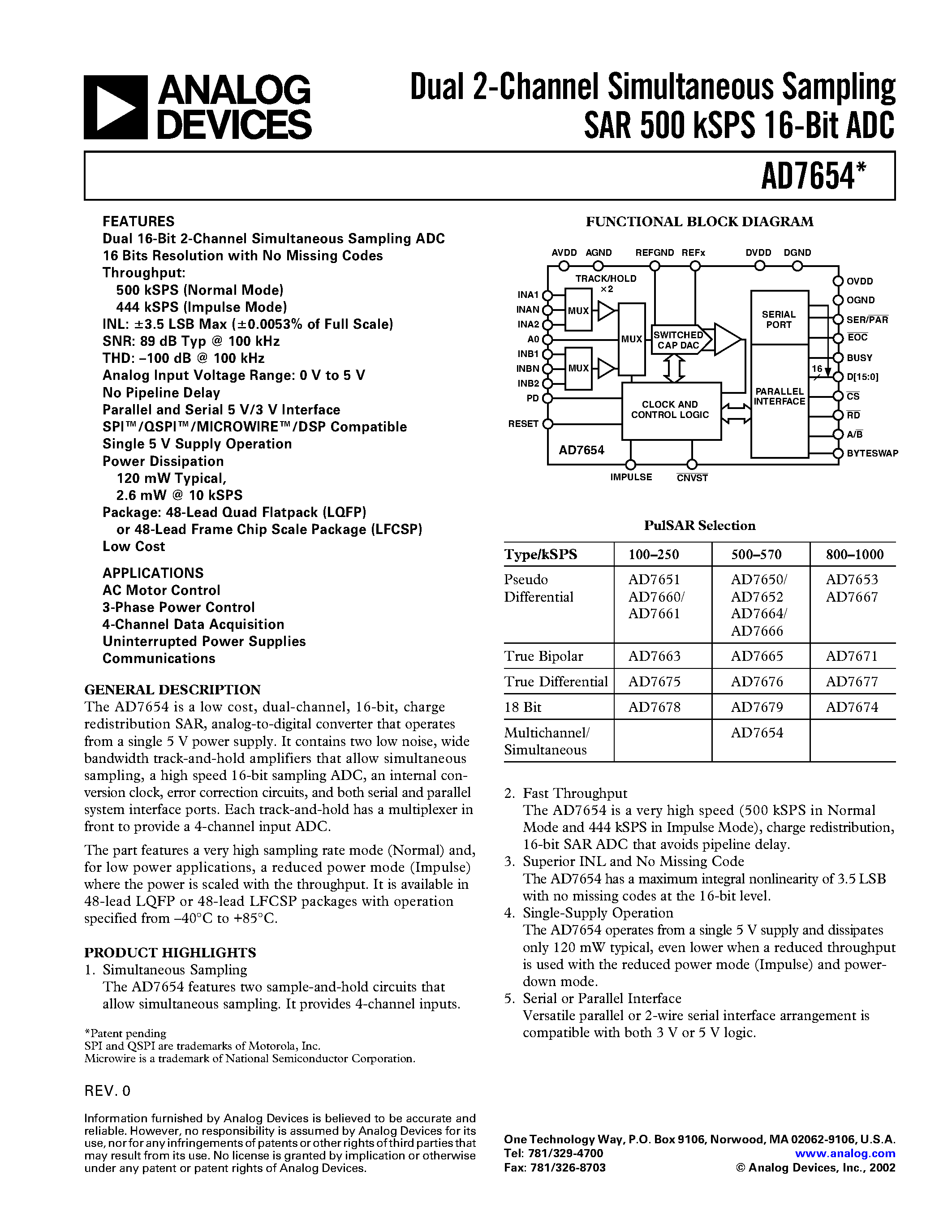 Datasheet AD7654ACPRL - Dual 2-Channel Simultaneous Sampling SAR 500 kSPS 16-Bit ADC page 1