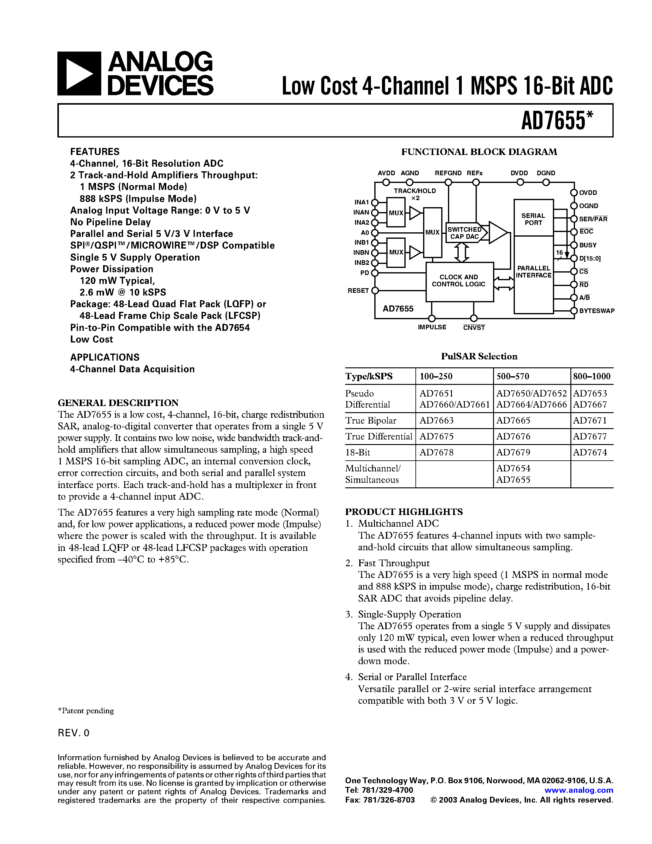 Datasheet AD7655 - 18-Bit/ 2.5 LSB INL/ 570 kSPS SAR ADC page 1