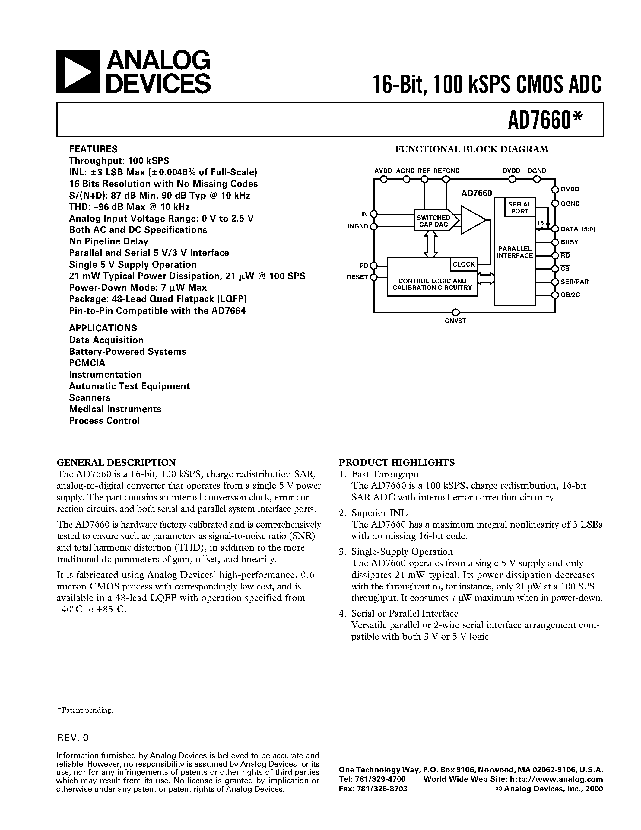 Datasheet AD7660AST - 16-Bit/ 100 kSPS CMOS ADC page 1