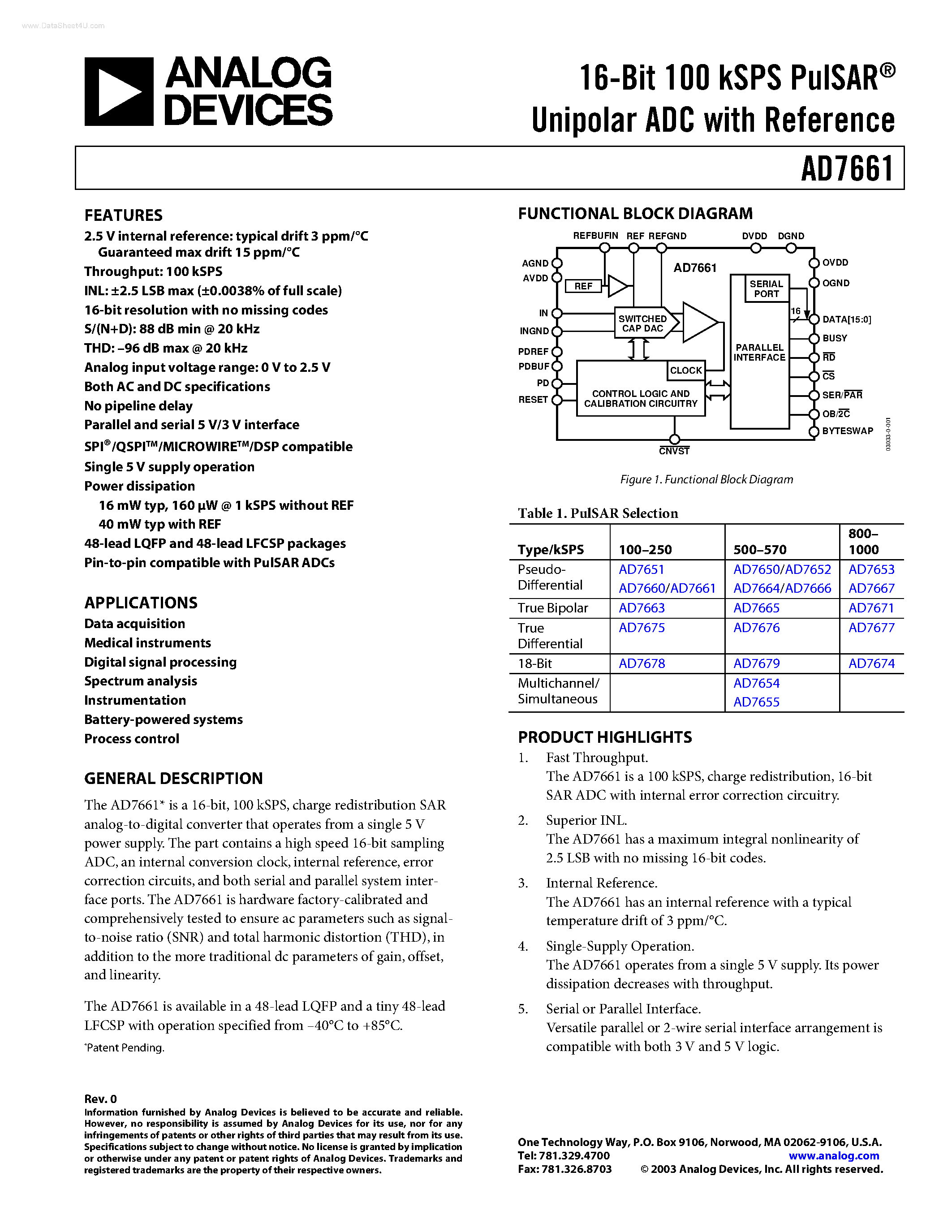 Datasheet AD7661 - 18-Bit/ 2.5 LSB INL/ 570 kSPS SAR ADC page 1