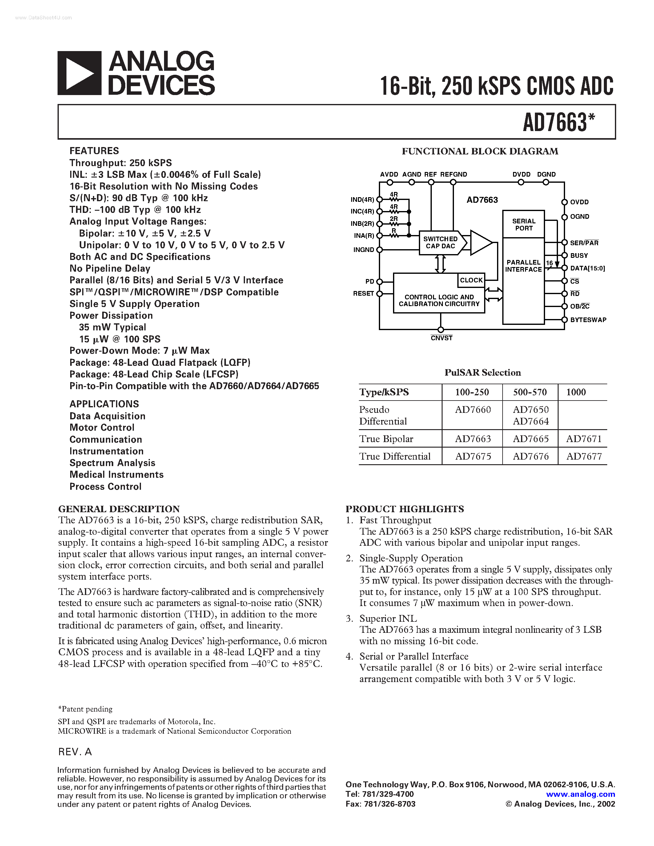 Datasheet AD7663 - 18-Bit/ 2.5 LSB INL/ 570 kSPS SAR ADC page 1