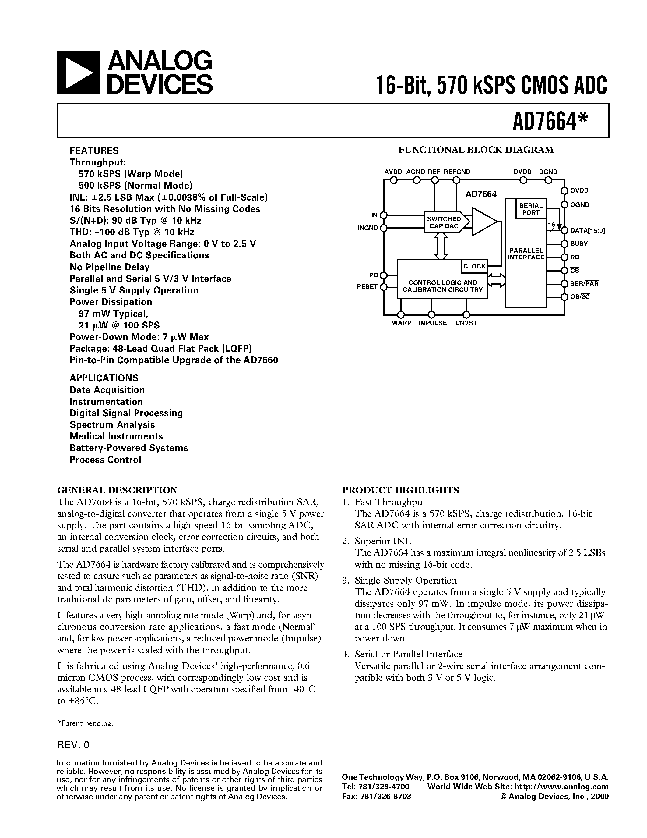 Datasheet AD7664 - 18-Bit/ 2.5 LSB INL/ 570 kSPS SAR ADC page 1