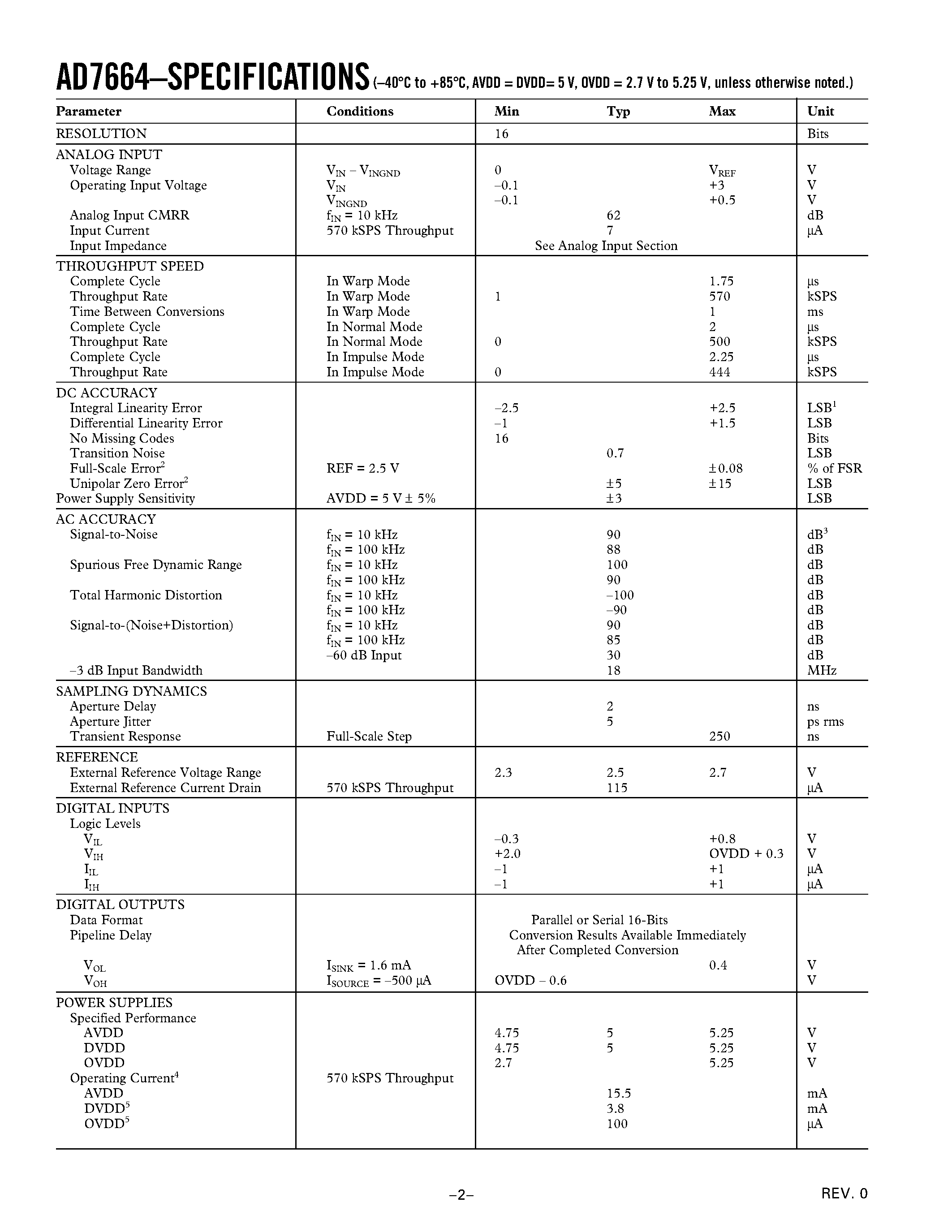 Datasheet AD7664AST - 16-Bit/ 570 kSPS CMOS ADC page 2